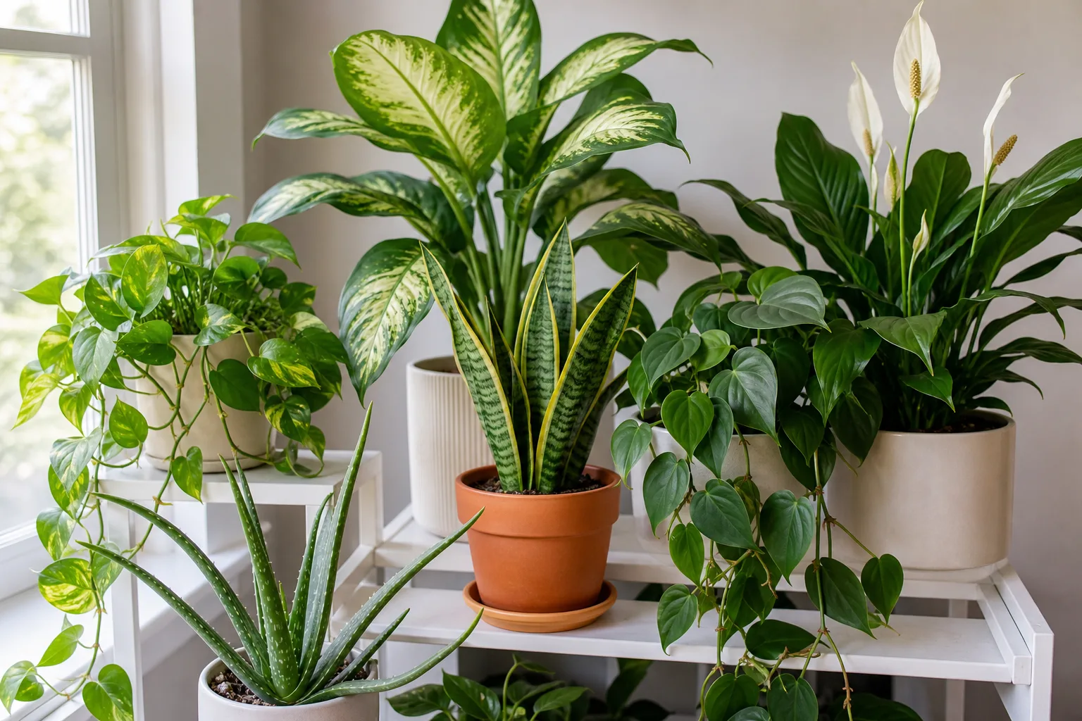 Collection of common toxic houseplants including pothos, dieffenbachia, snake plant, and peace lily