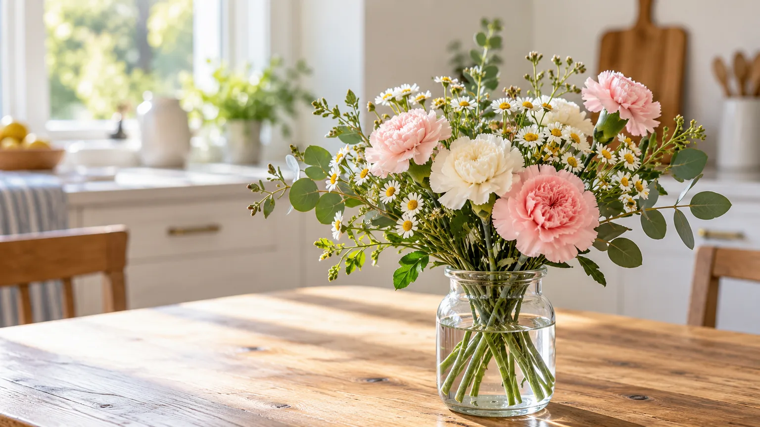 Fresh mixed bouquet of pink carnations and white daisies in a glass vase at home