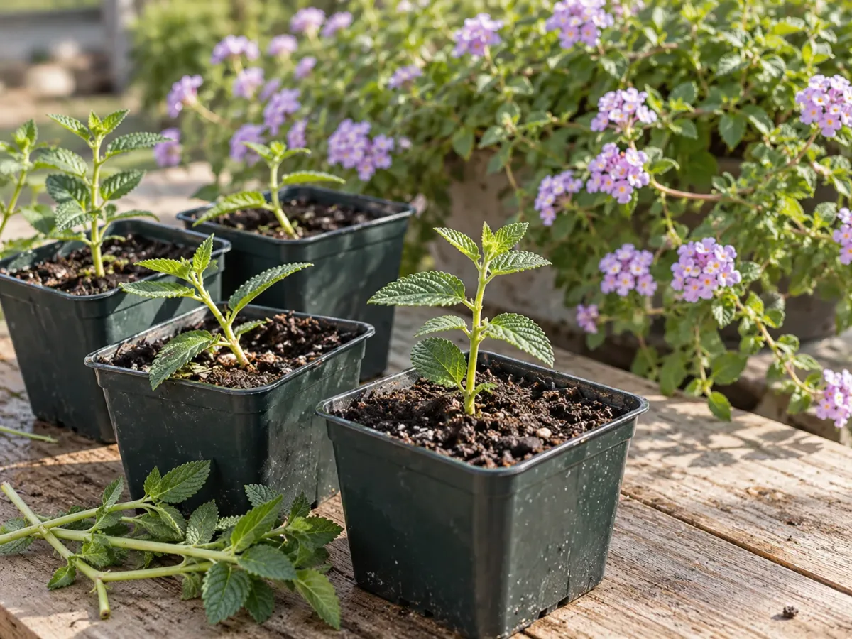 Fresh trailing lantana cuttings planted in small pots of propagation mix