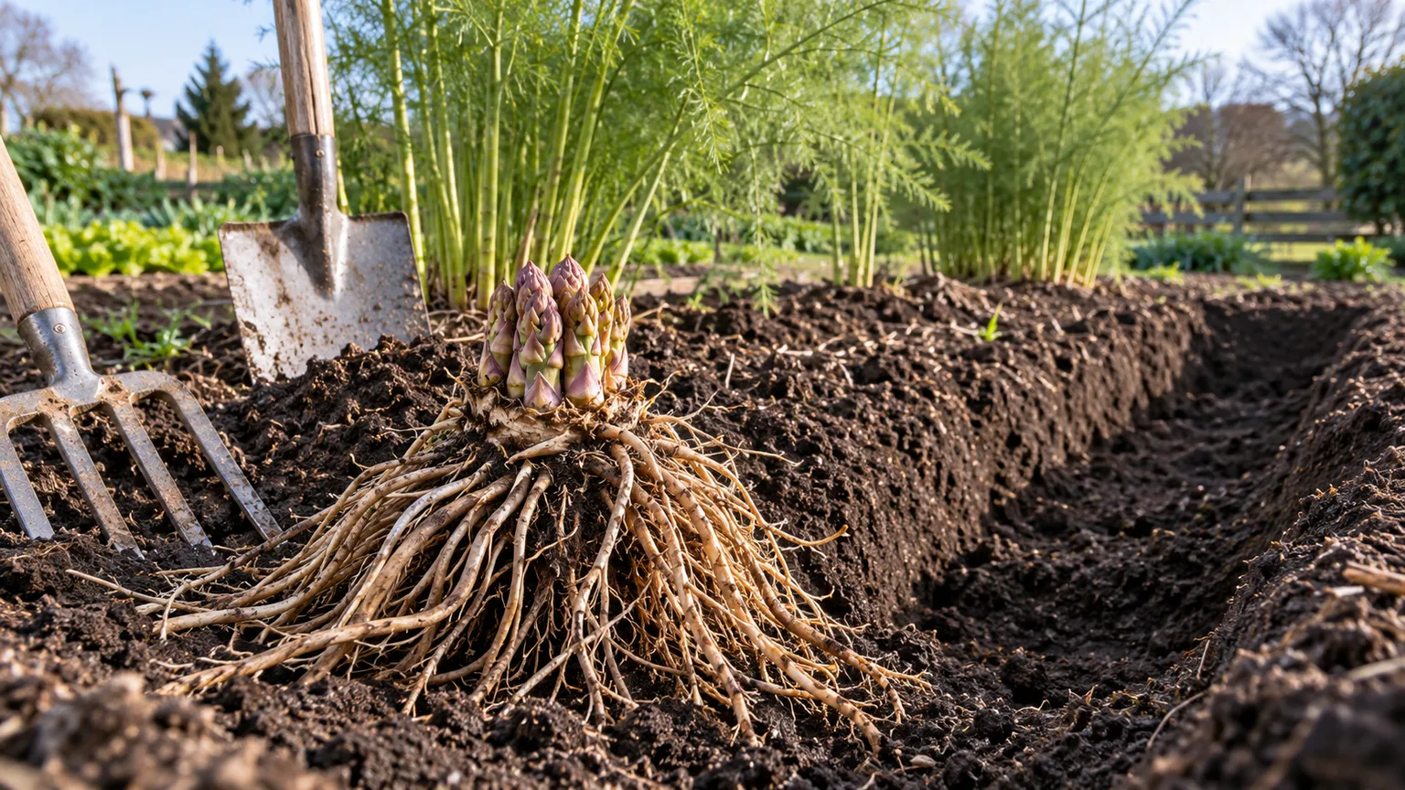 A dormant asparagus crown with roots beside a prepared planting trench in a sunny garden