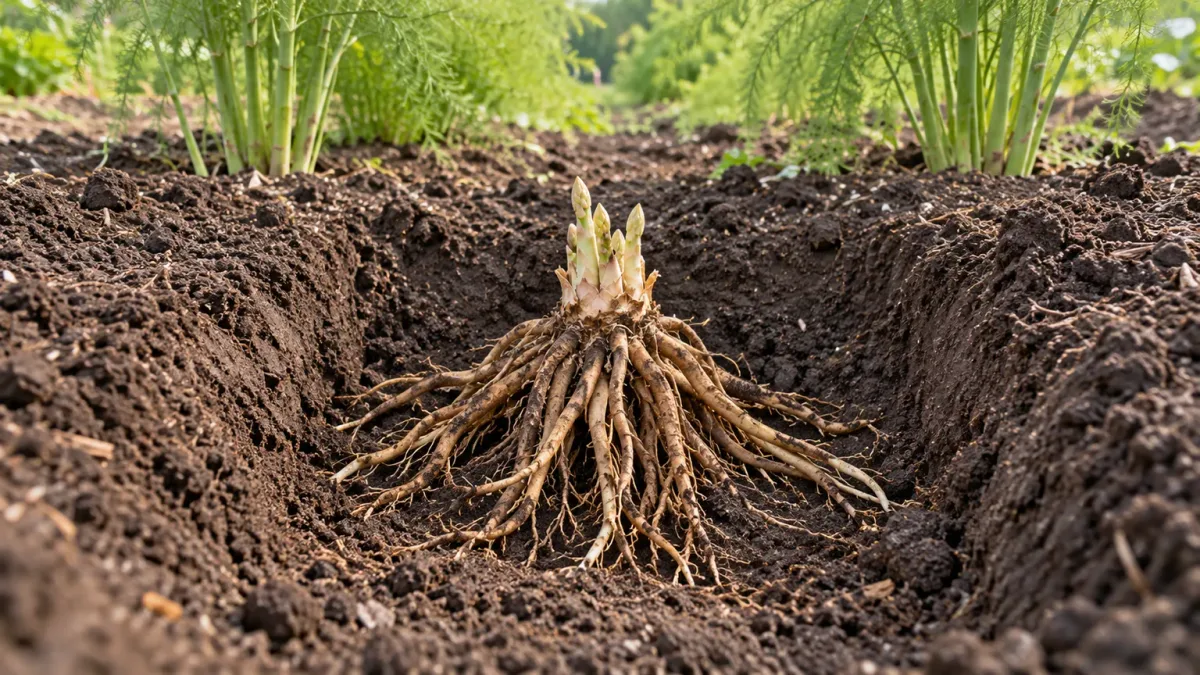A dormant asparagus crown set upright in a wide trench with its roots spread through loose soil
