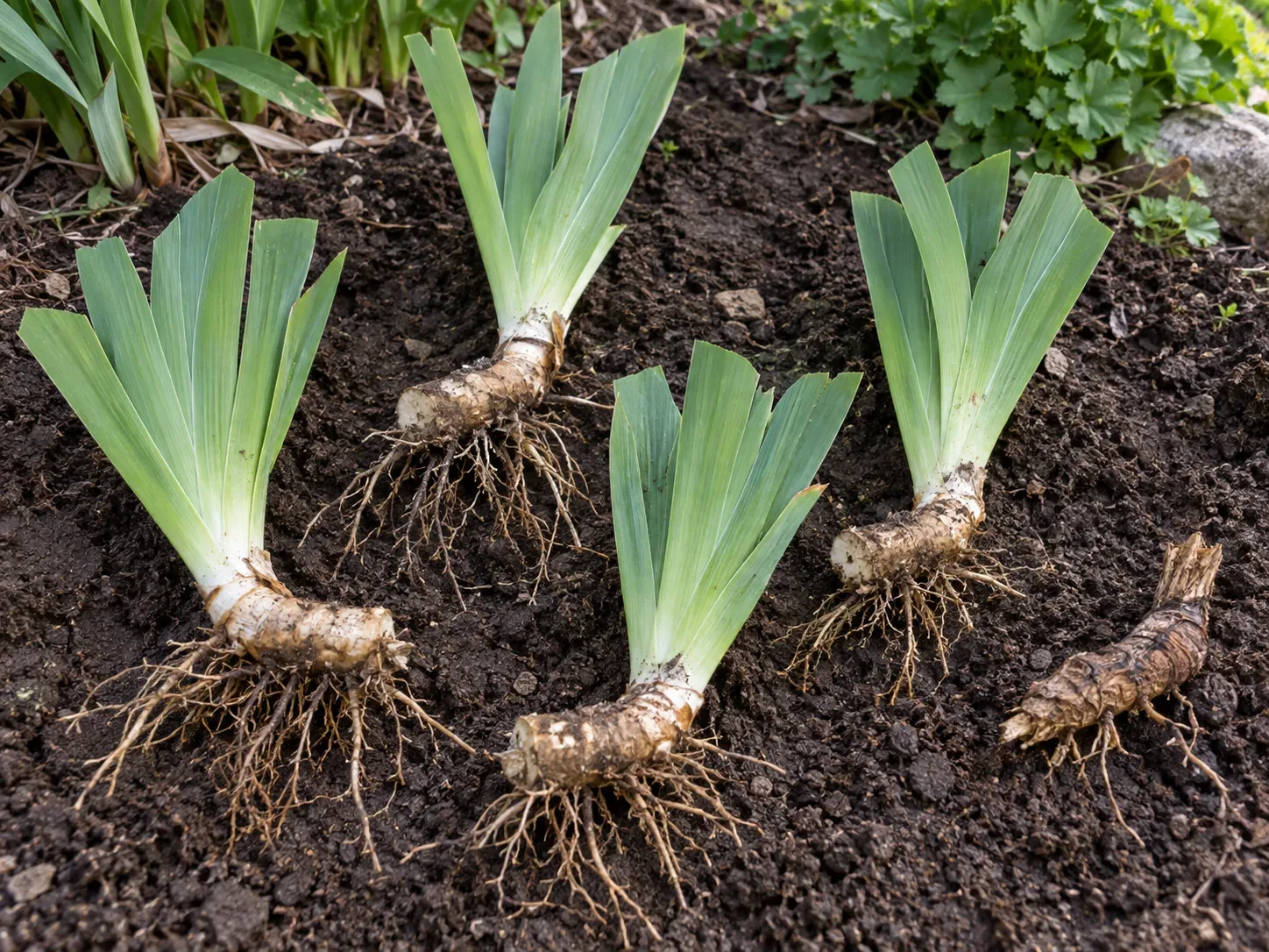 Healthy bearded iris divisions, each with a fan and roots, set apart from an old discarded rhizome