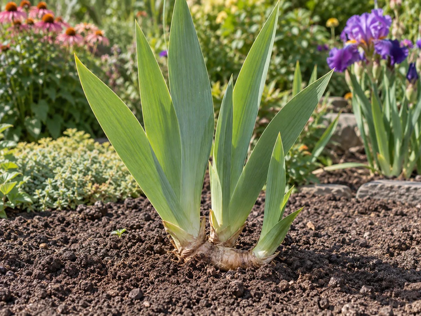 Bearded iris division replanted shallowly in a finished bed, with its fan upright and rhizome at the soil line
