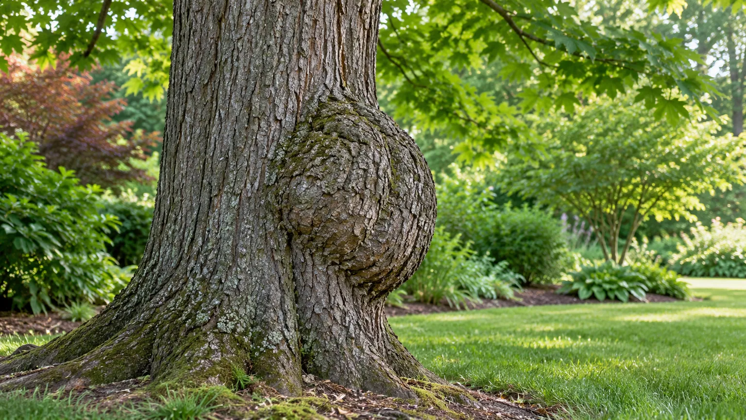 A large intact, bark-covered burl growing from a mature maple trunk