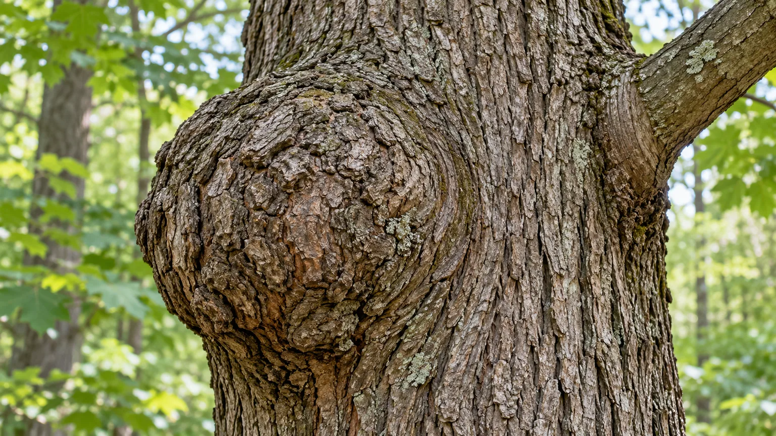 Close view of an intact bark-covered burl integrated into a mature tree trunk