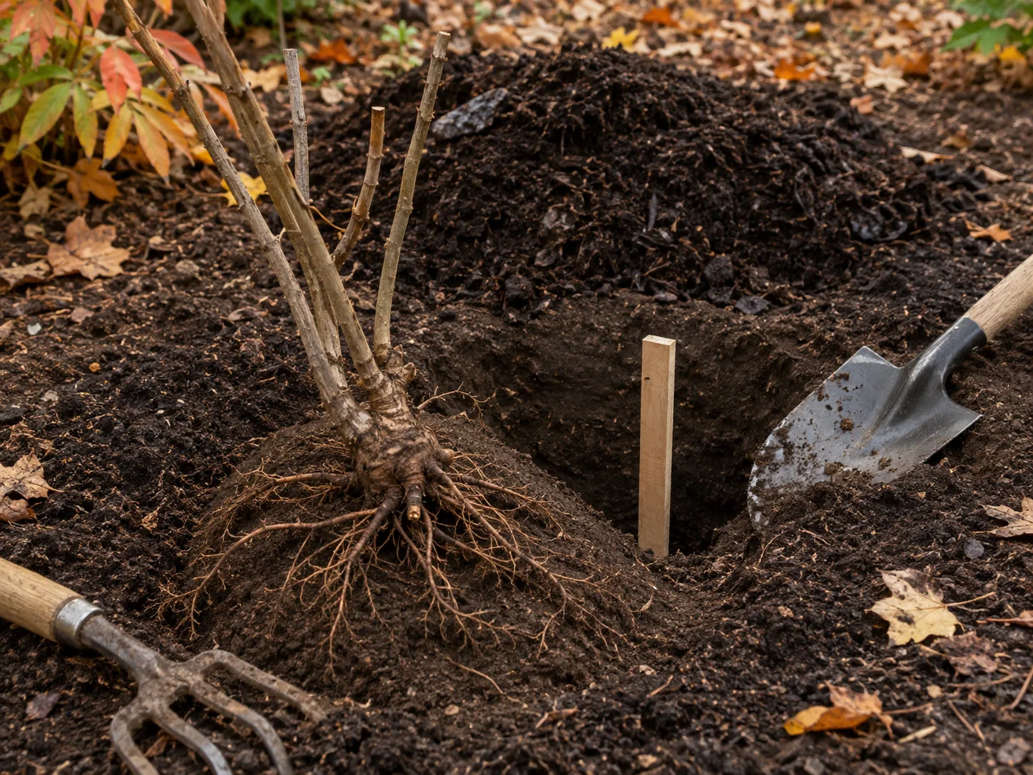 A tree peony root system set beside a prepared outdoor planting hole