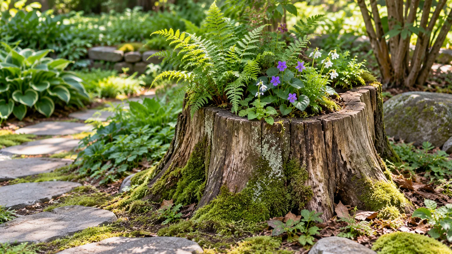 A mossy tree stump planted with ferns in a shaded garden