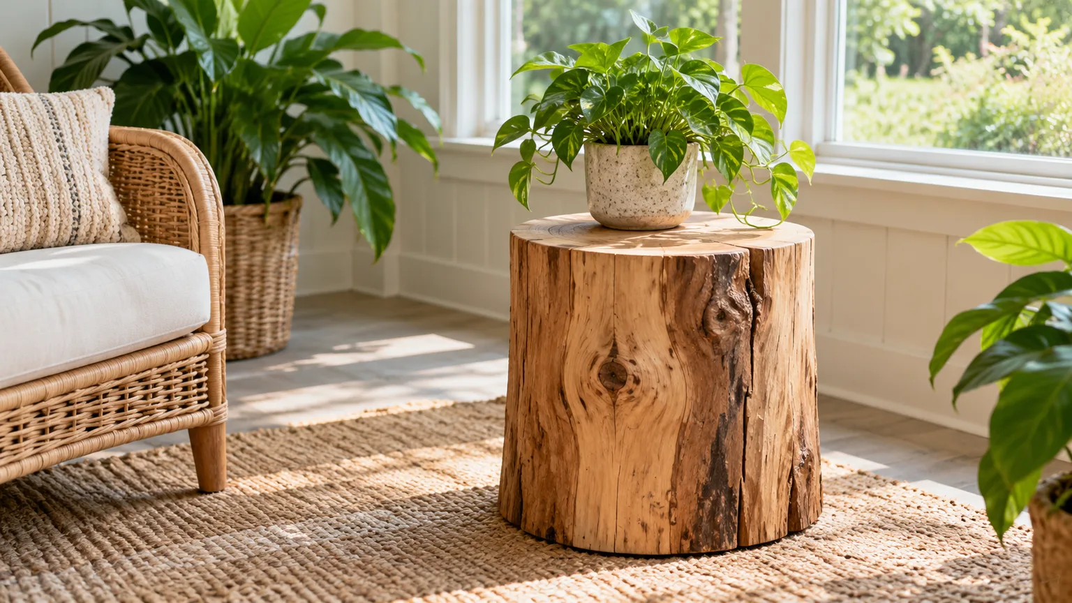A dried stump side table with a potted plant in a bright sunroom