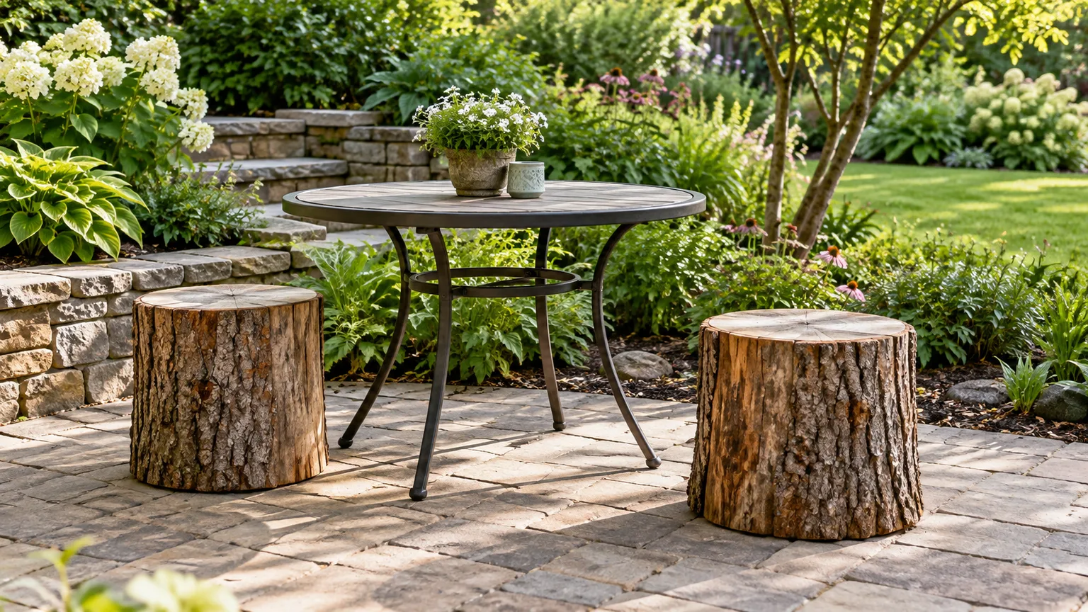 Two sturdy stump stools beside a patio table in a leafy residential garden