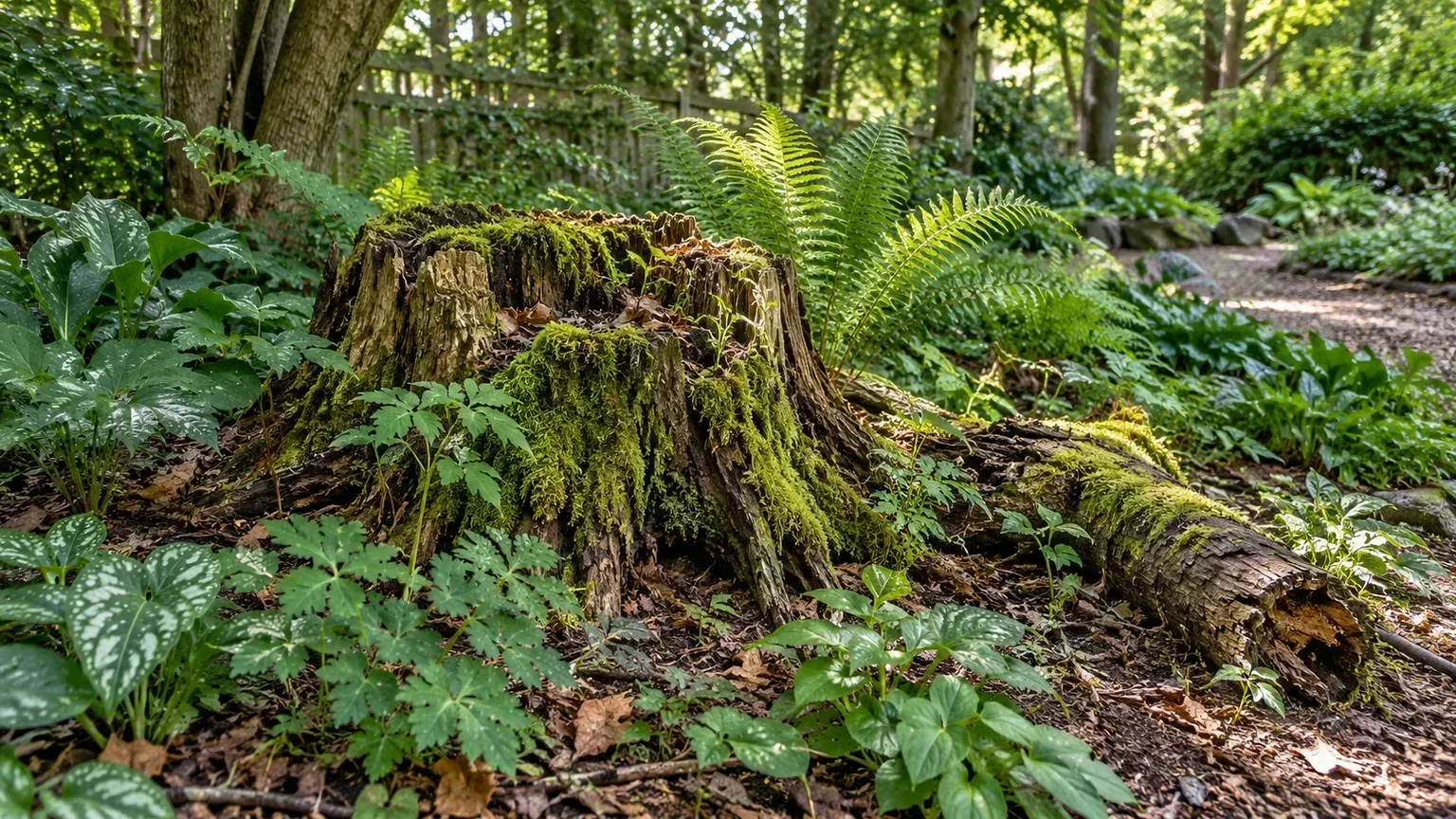 A weathered stump and short log arranged as a planted shade-garden habitat