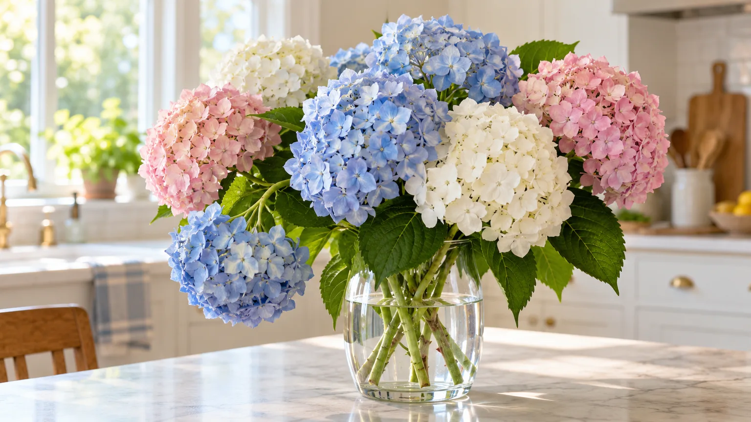 Blue, white, and pale pink cut hydrangeas in a glass vase, with one drooping bloom