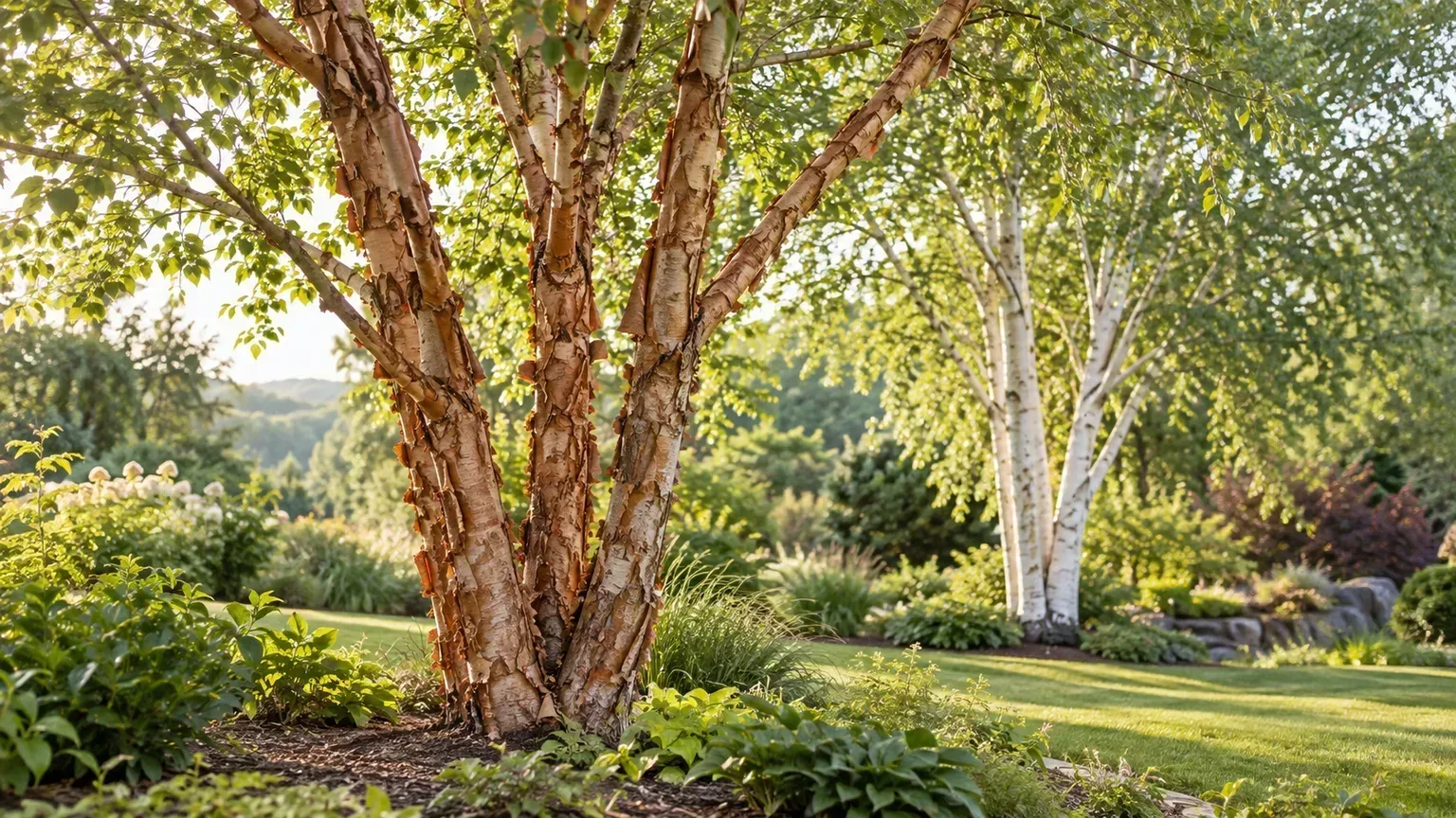 Multi-stem river birch with cinnamon bark and a white-barked birch in a temperate garden
