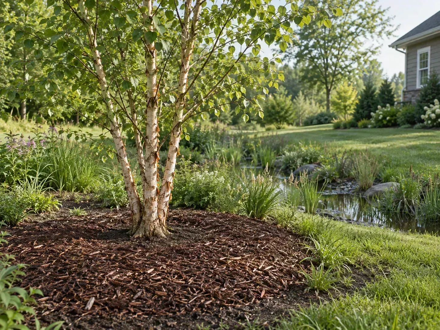 A multi-stem birch at a moist pond edge with mulch around the root zone
