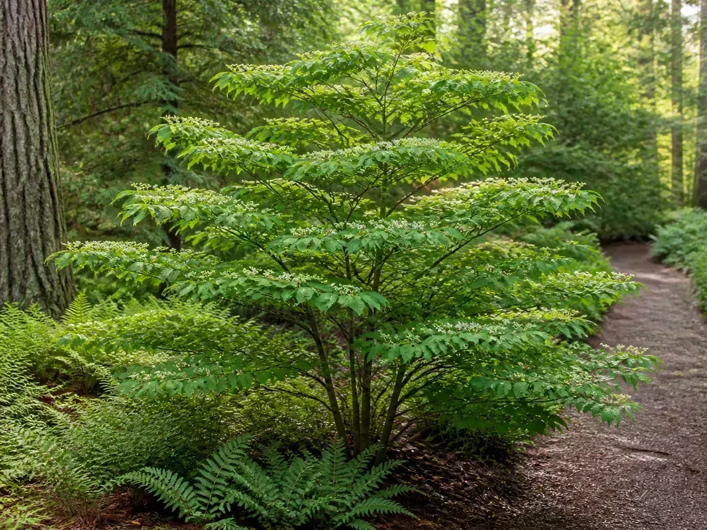 A multi-stemmed woody shrub with low branching along a woodland path