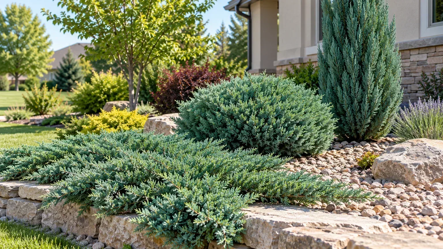 Low, rounded, and upright junipers in a sunny residential landscape.