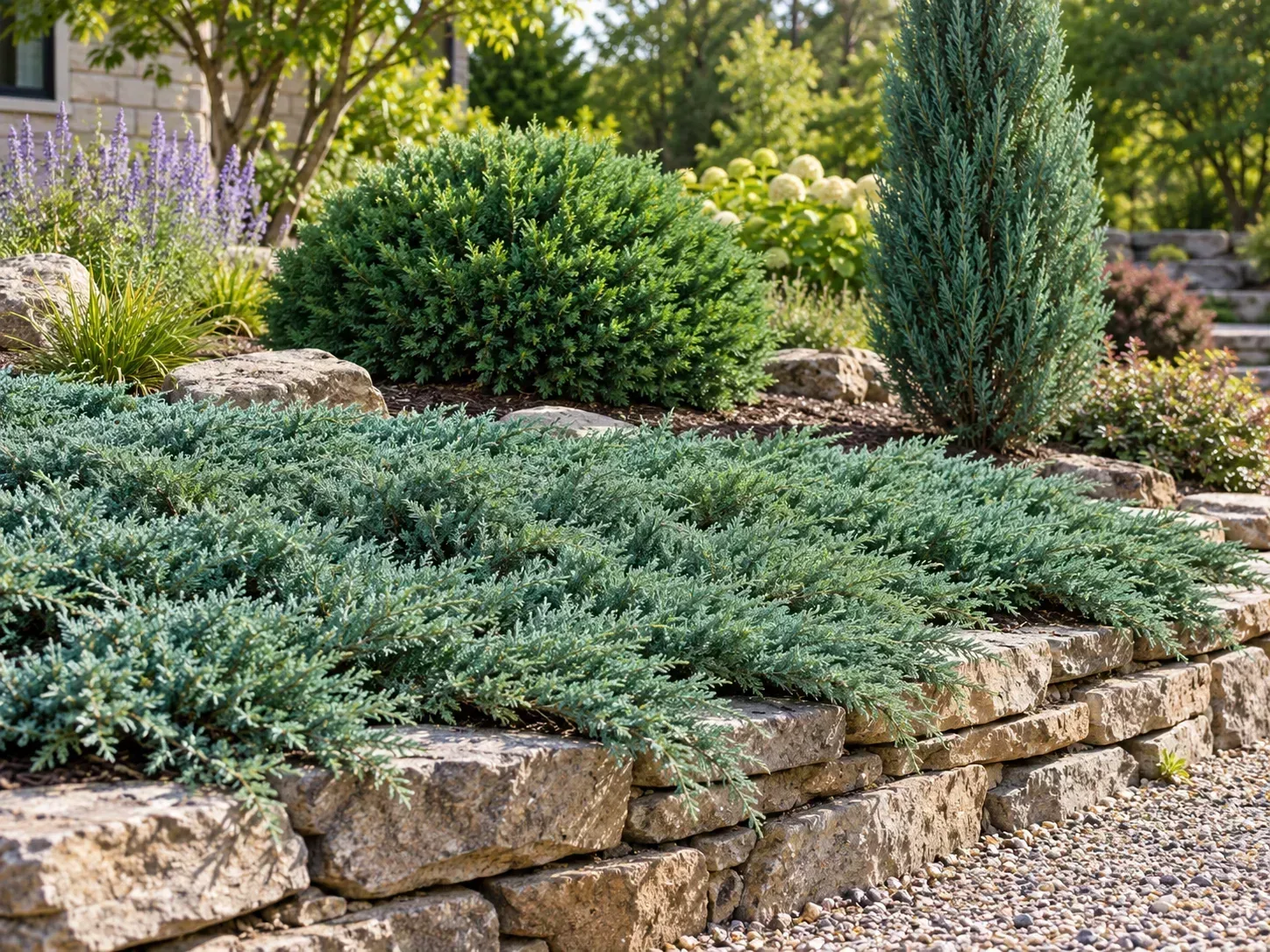 Low, spreading, rounded, and upright juniper forms in a sunny garden.