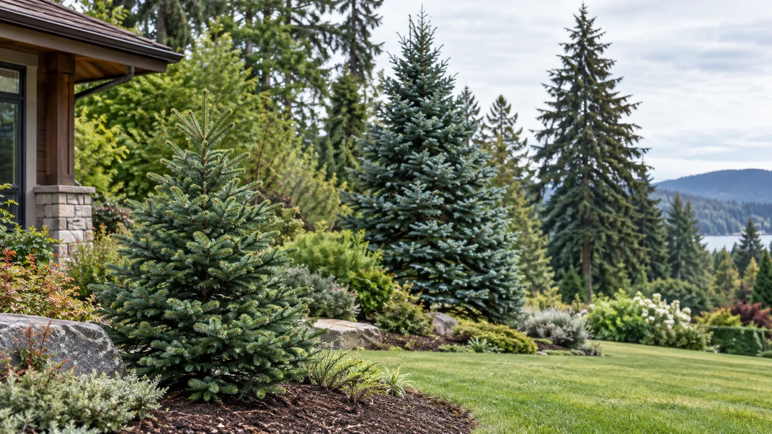 A mix of compact and tall fir trees growing in a cool-climate landscape