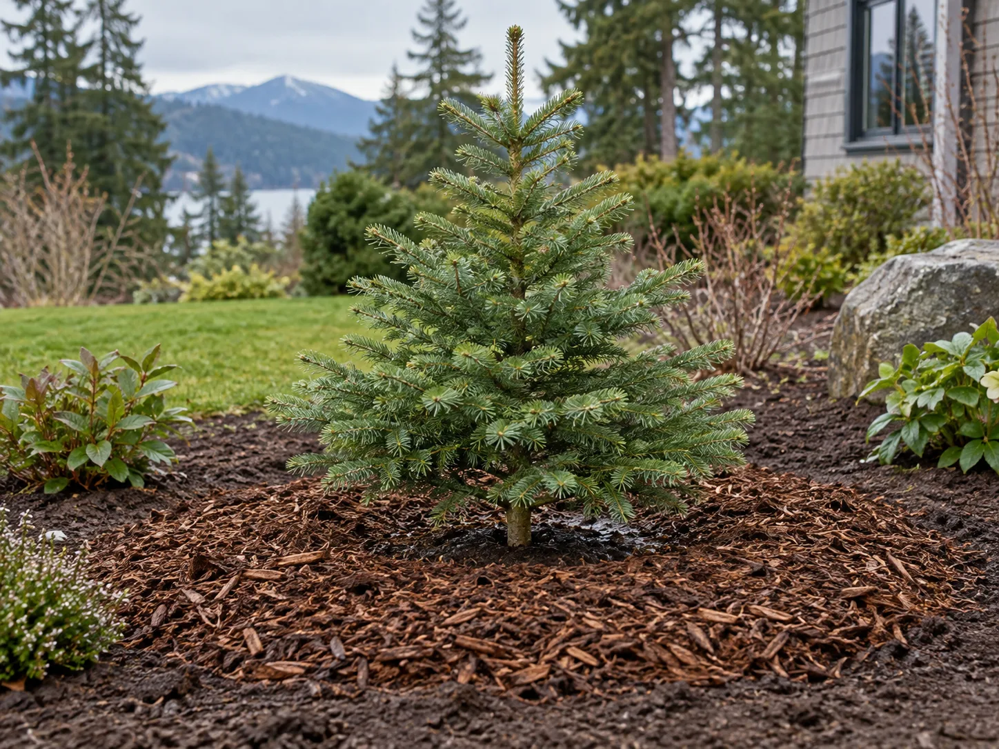A nursery-grown fir planted with its root flare at soil level and mulch kept clear of the trunk