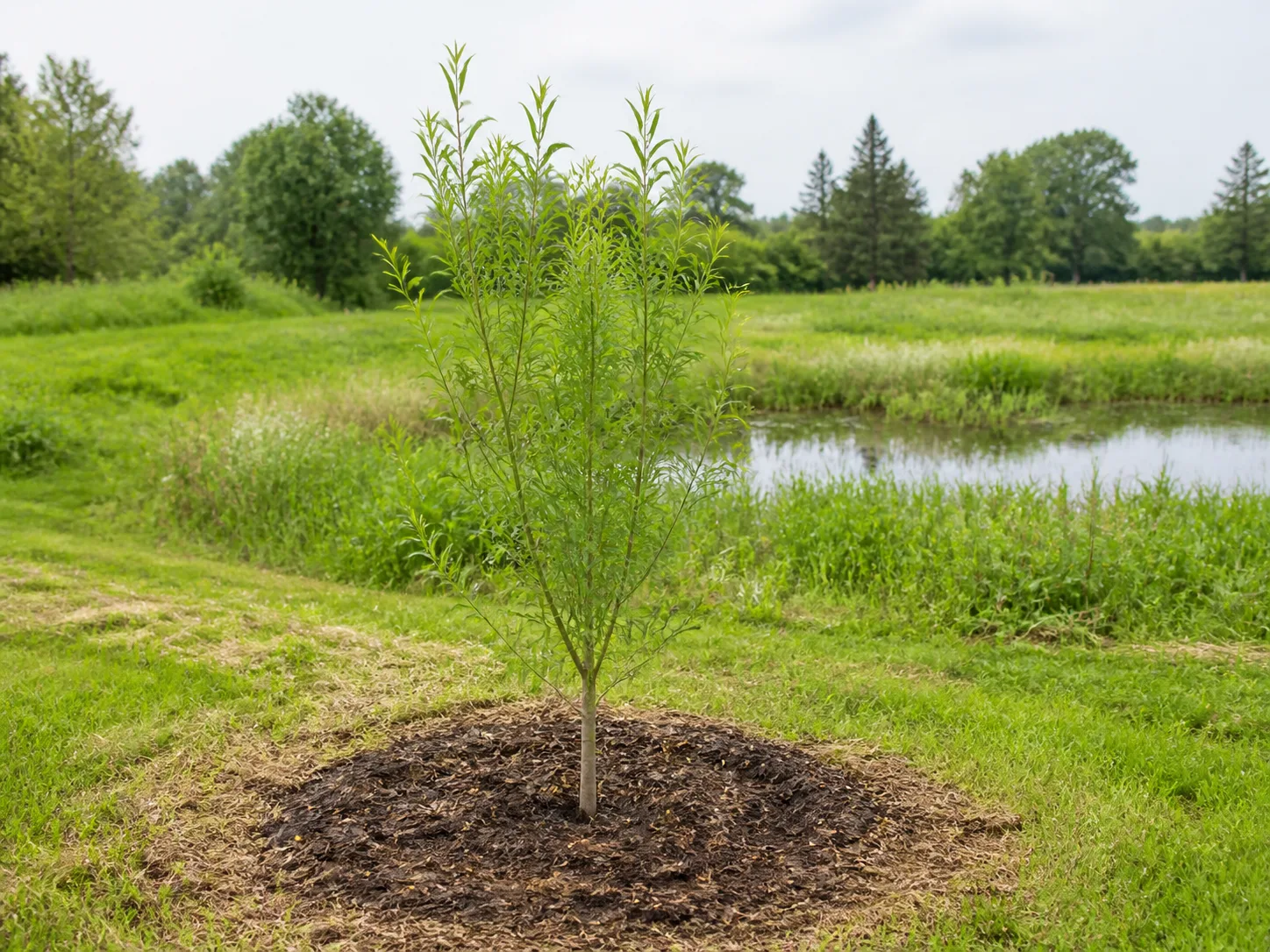 A newly planted willow with mulch covering the root zone while leaving its trunk clear