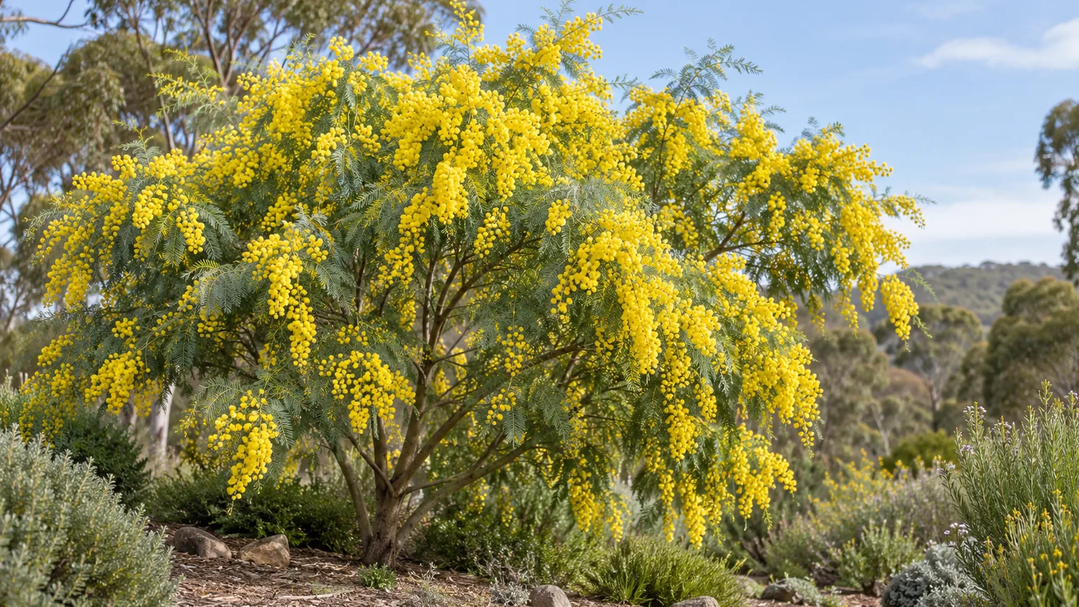 Silver wattle with fine foliage and golden flower clusters in an Australian garden