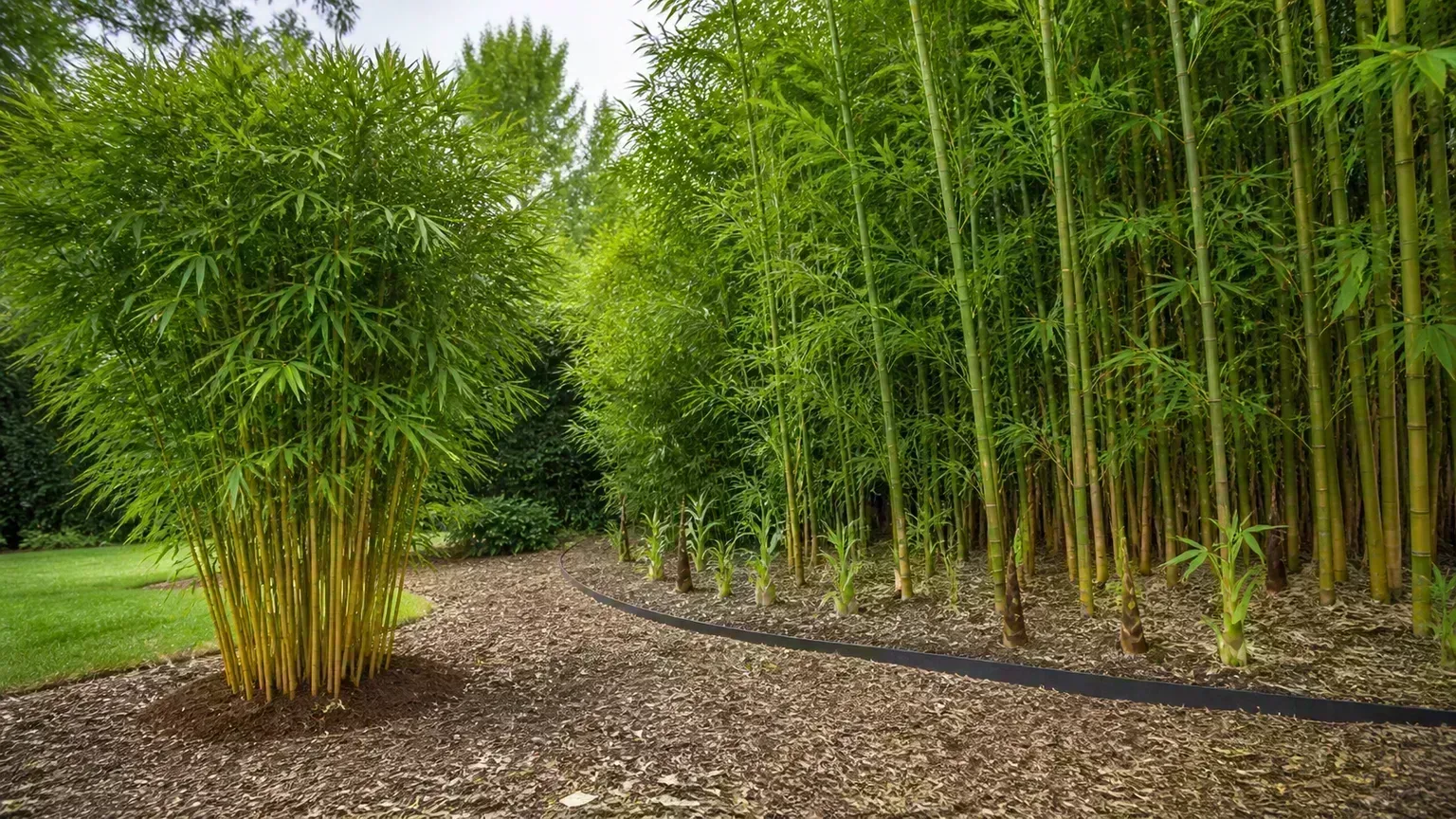 Compact clumping bamboo beside a wider running bamboo planting separated by a managed garden edge