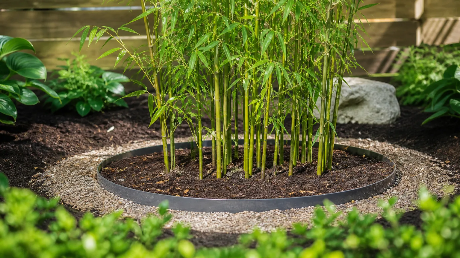 Running bamboo grove contained by a vertical root barrier installed along the planting edge