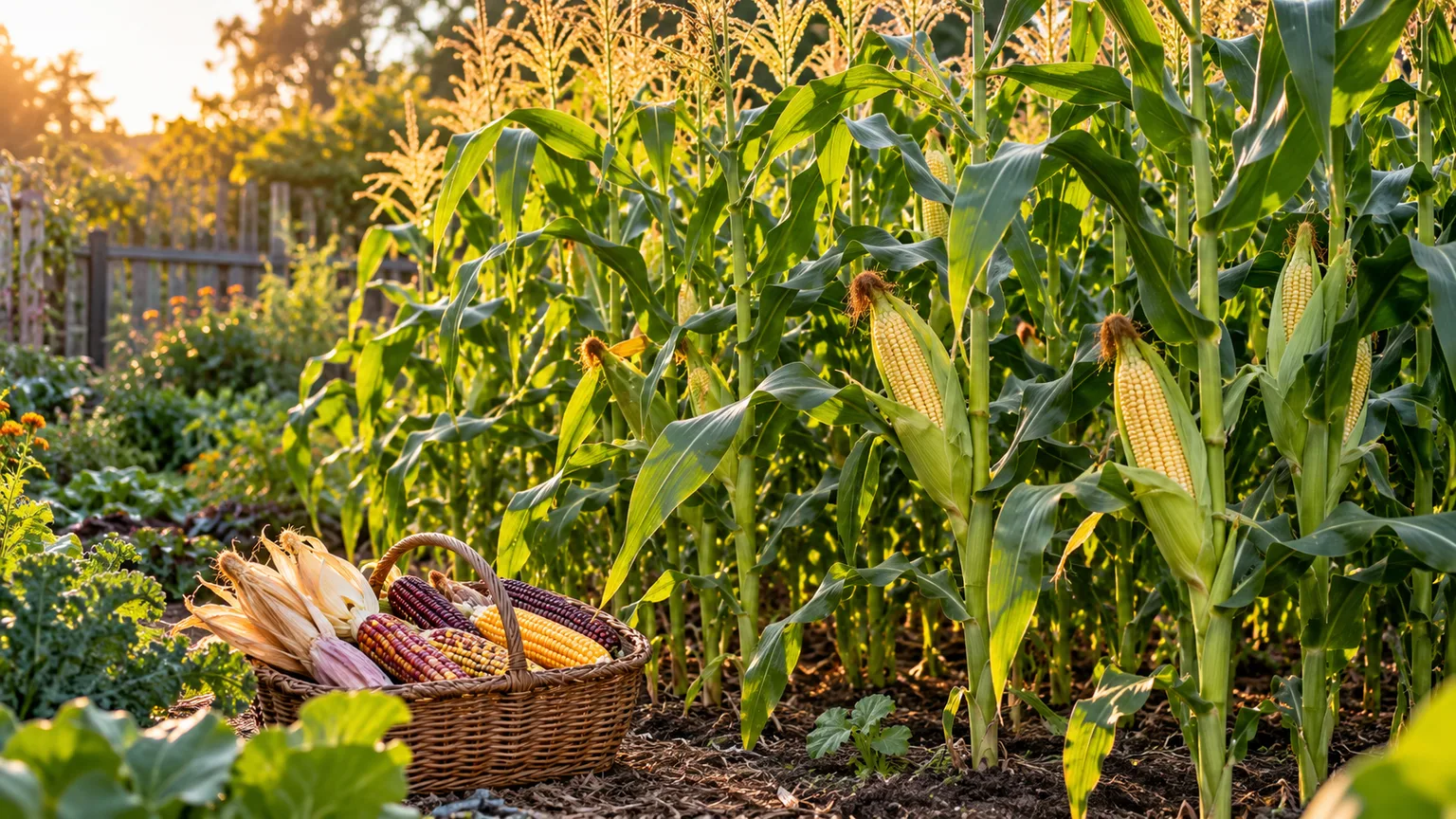 Sweet corn ready for harvest in a garden bed with picked ears in a basket