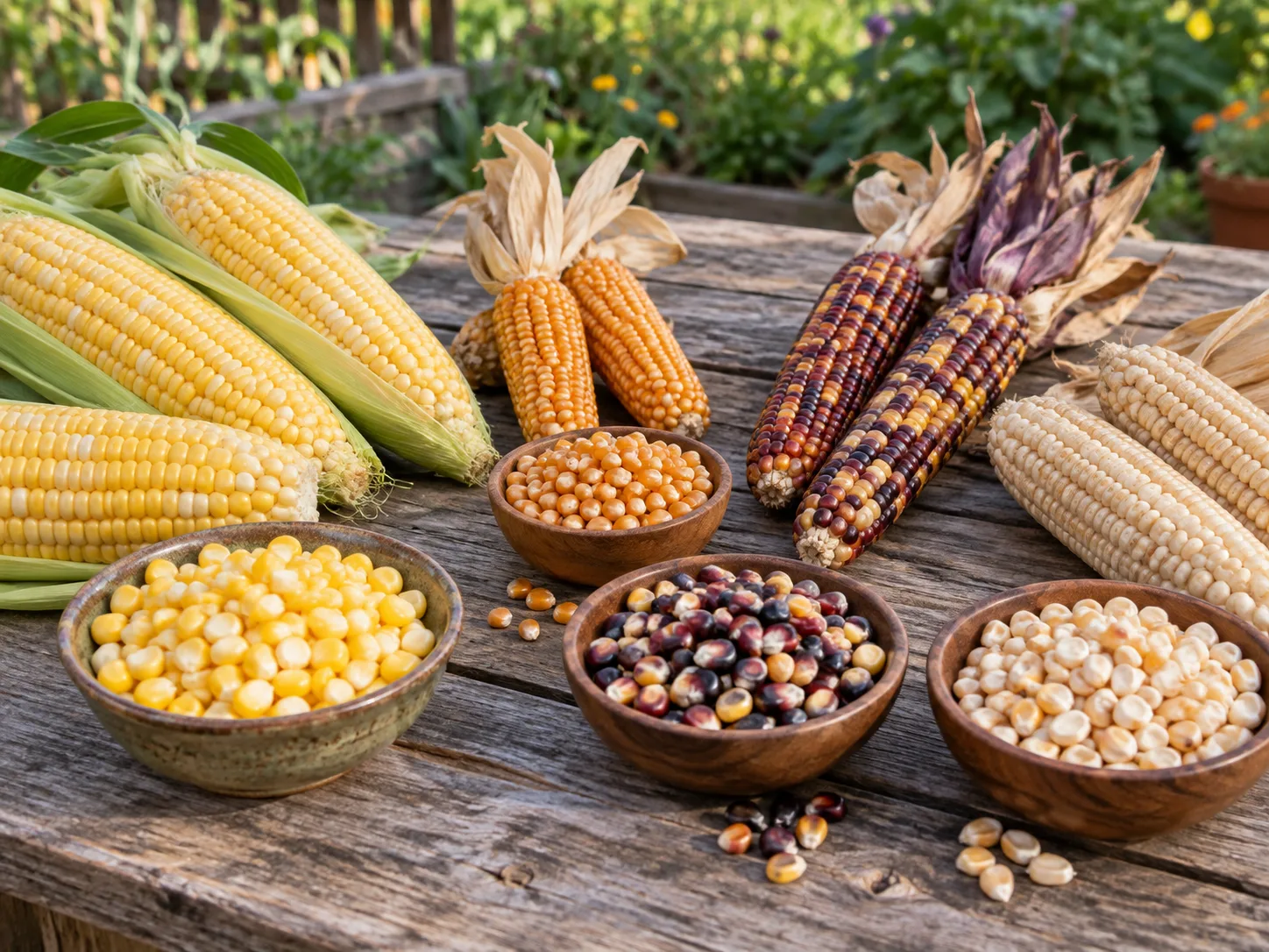 Different corn types shown side by side, including fresh sweet corn and dry kernel varieties