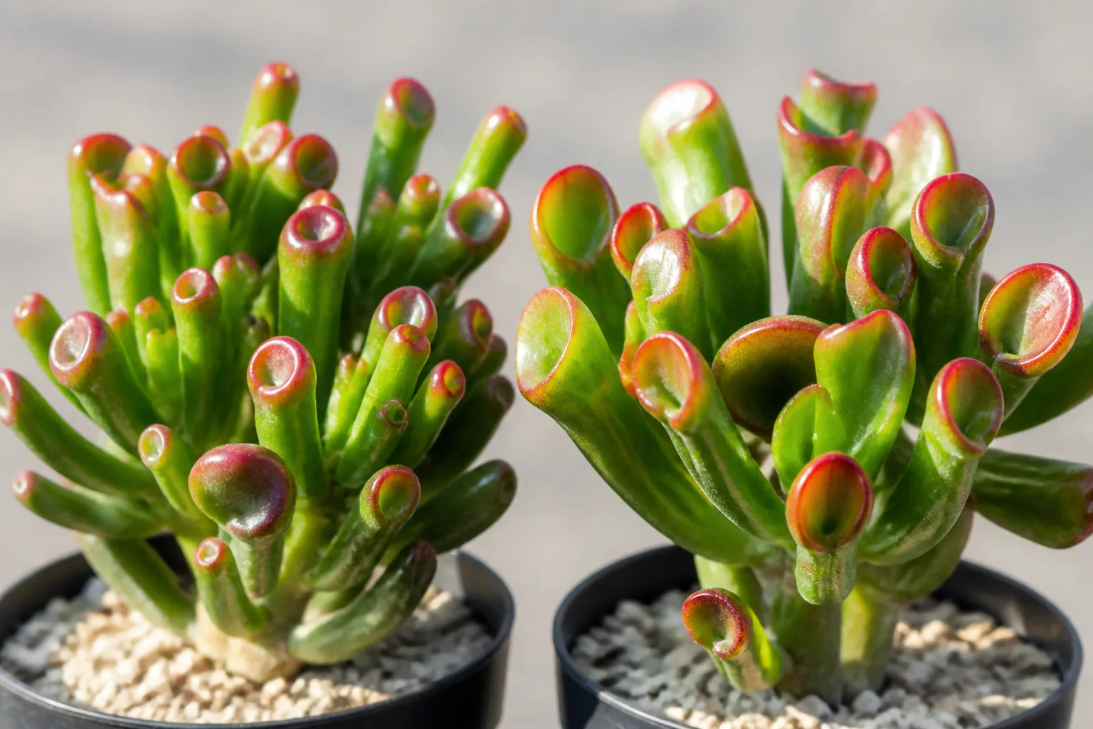Close-up comparison of tubular Gollum-type and Hobbit-type jade leaves with red margins