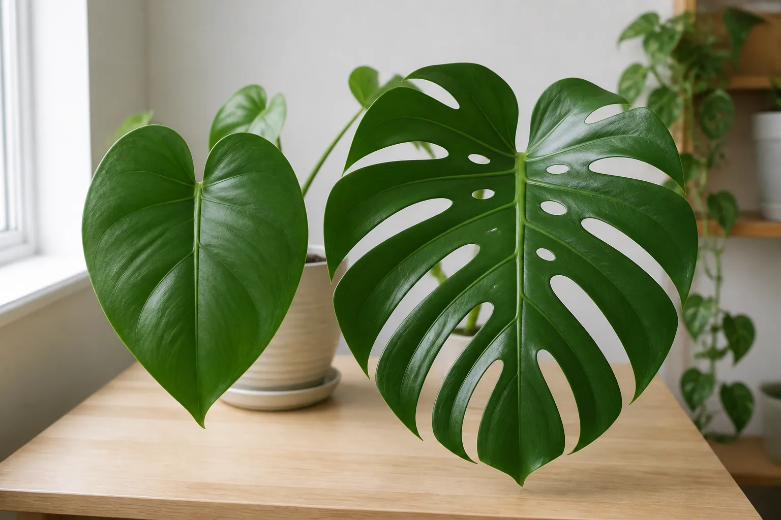 Monstera deliciosa juvenile heart-shaped leaf beside mature split-leaf specimen labeled for species ID