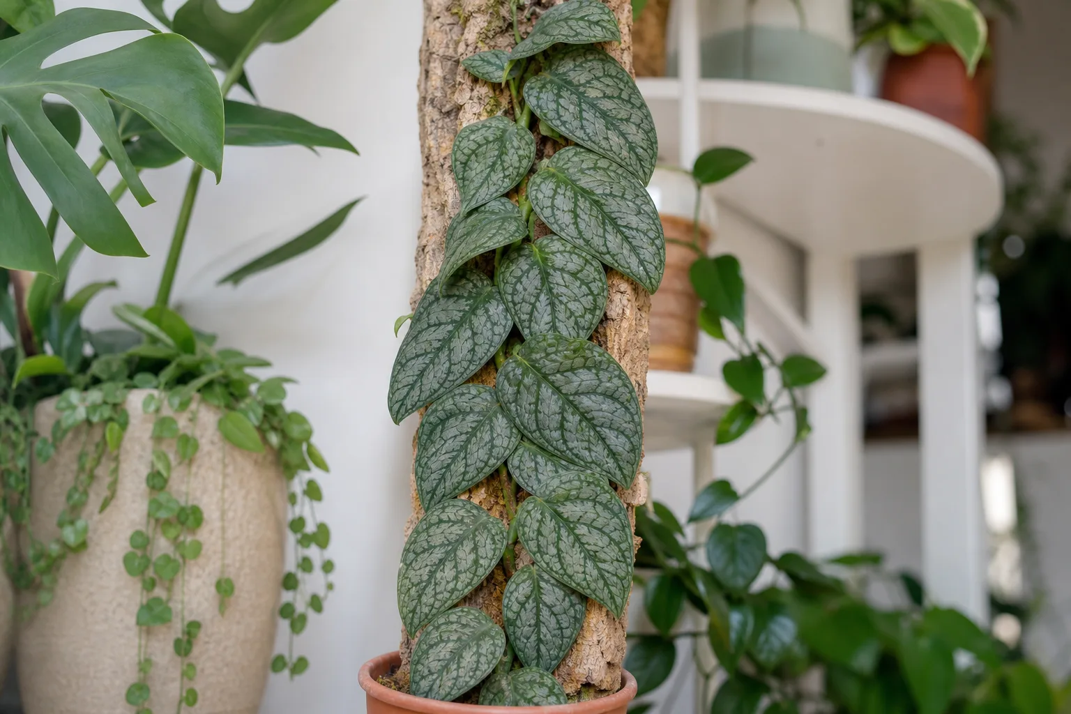 Monstera dubia shingling flat silver-green leaves against a vertical cork board