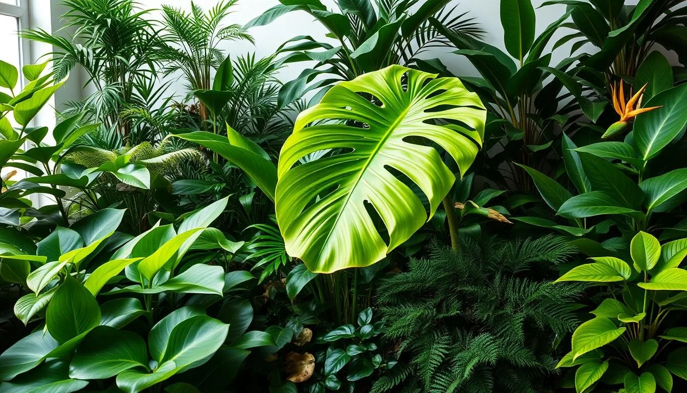 Labeled Monstera deliciosa juvenile and mature leaves beside adansonii for species identification