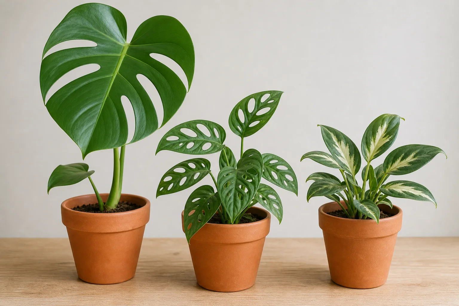 Labeled Monstera species comparison on a nursery bench for pre-purchase ID