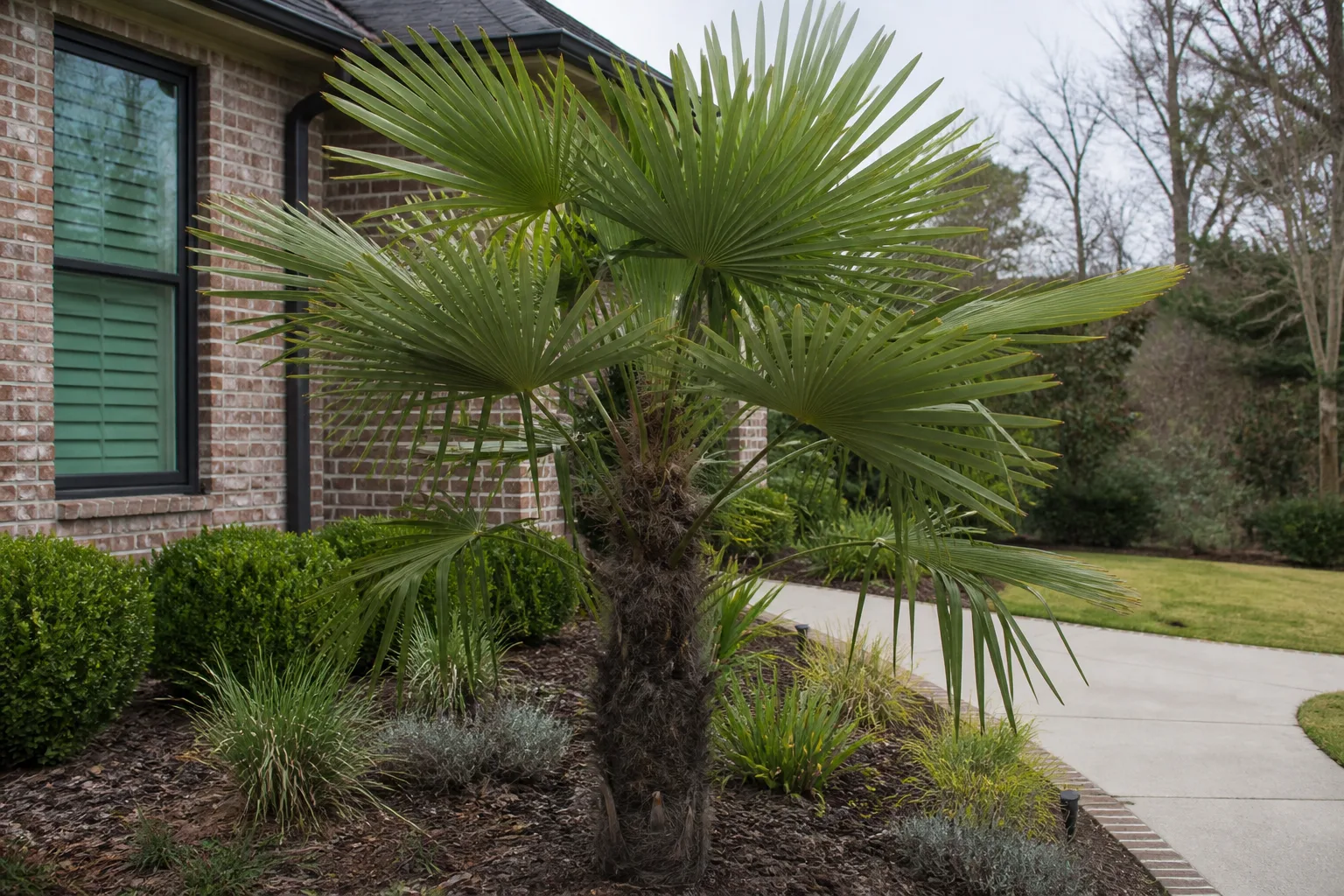 A windmill palm planted beside a path with low ornamental grasses