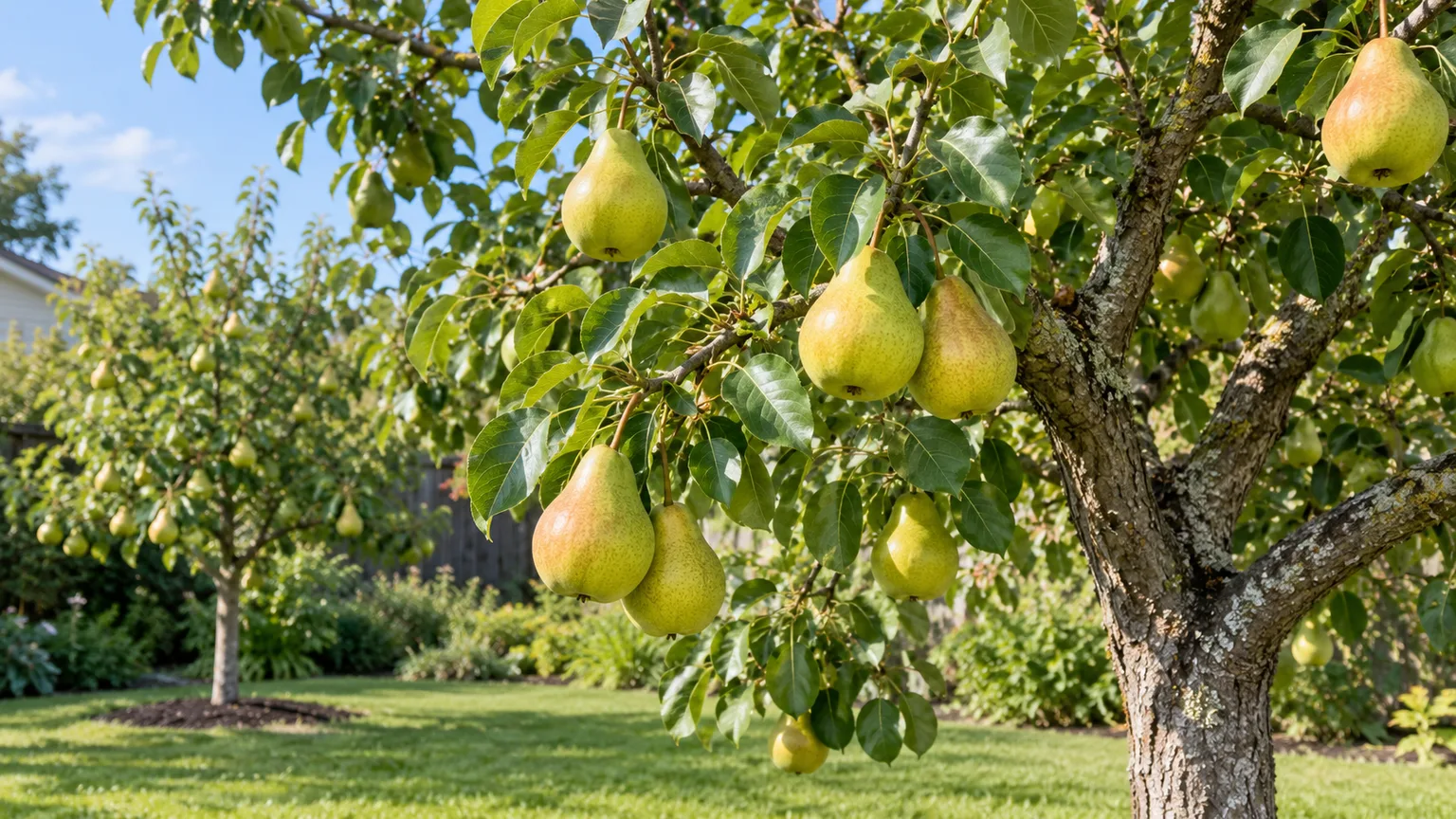 Green-gold pears ripening on a tree in a sunny backyard