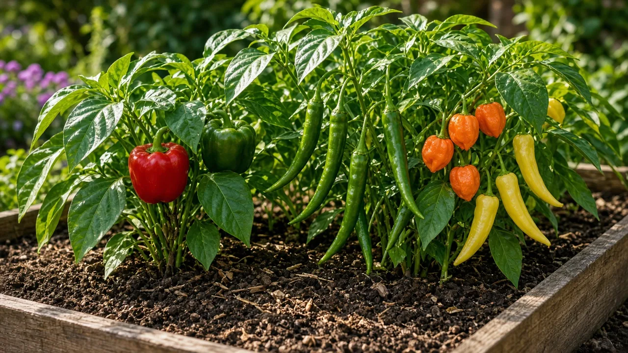 Mixed pepper plants in a sunny garden bed with red bells, green jalapeños, and orange habaneros on healthy foliage