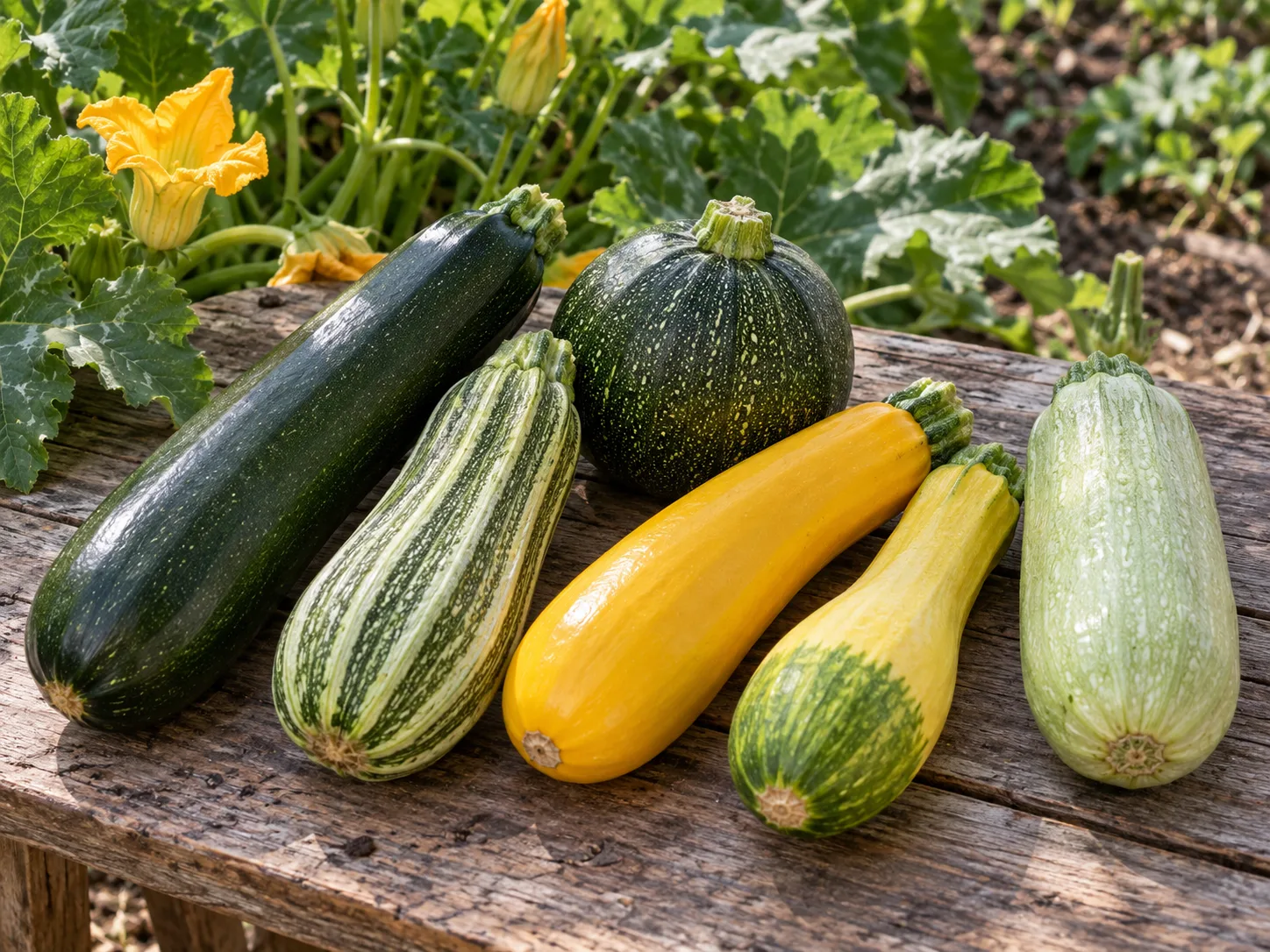 A garden harvest showing dark green, striped, round, yellow, and pale green summer squash