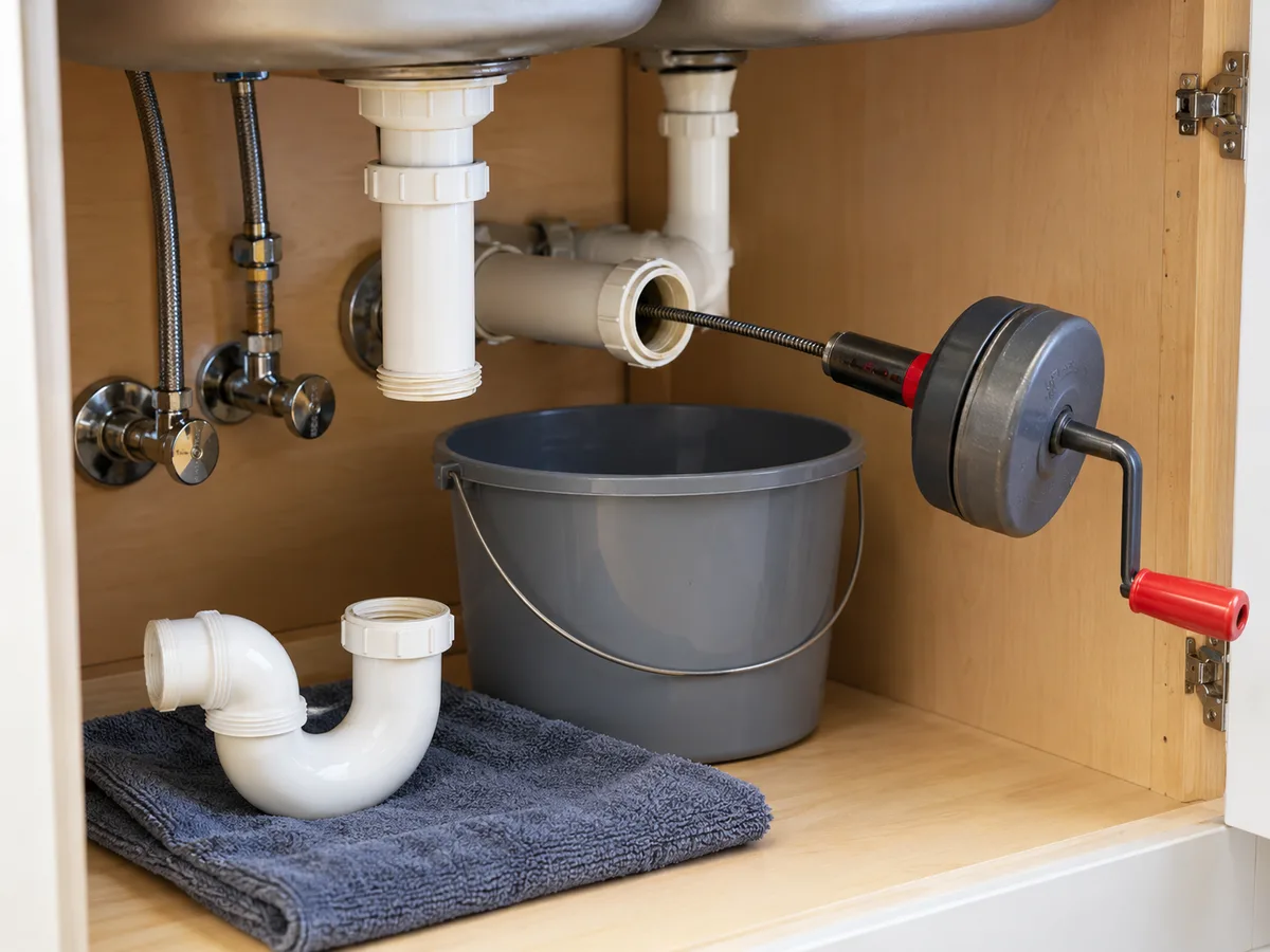 A manual drain auger entering the open wall-side branch under a kitchen sink, with the removed trap and bucket below