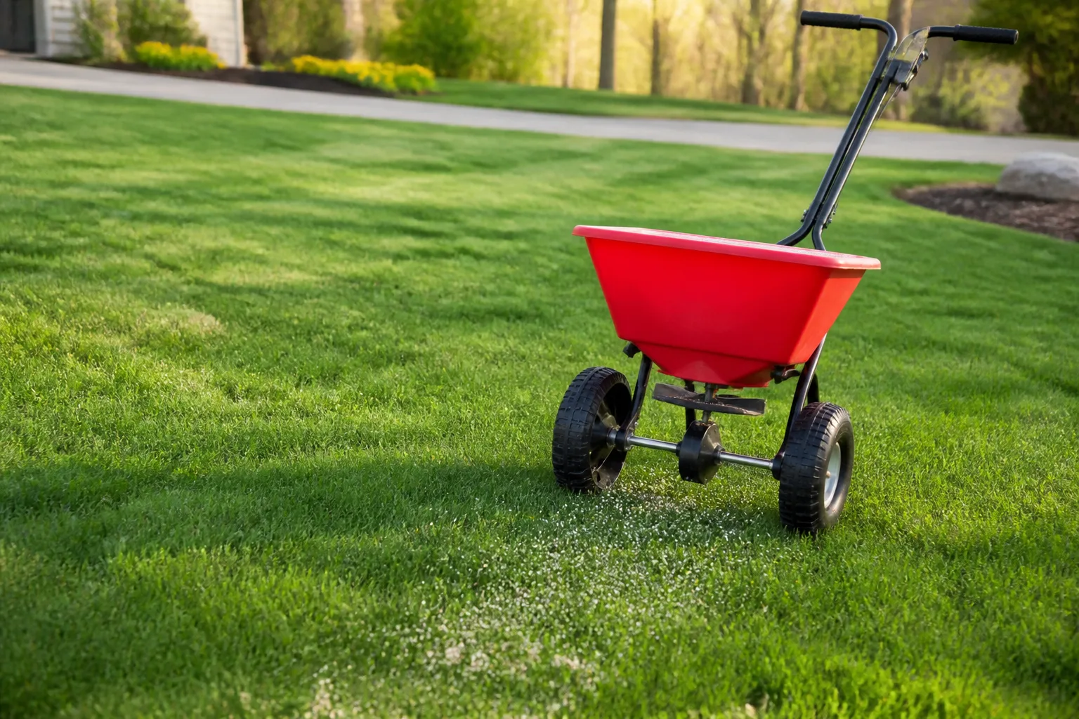 Broadcast spreader applying granular pre-emergent fertilizer on a green spring lawn