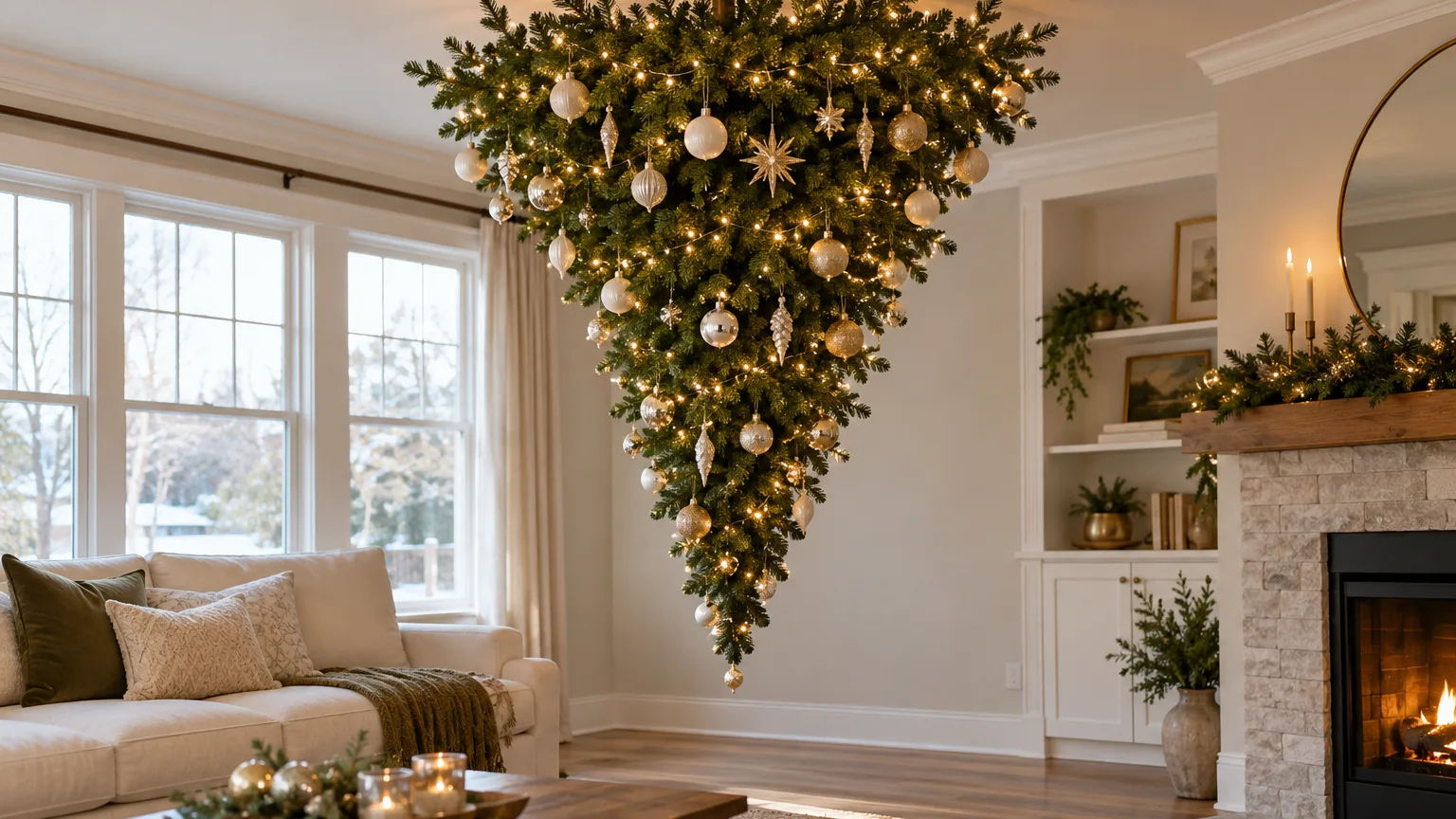 A decorated evergreen Christmas tree suspended upside down in a bright living room