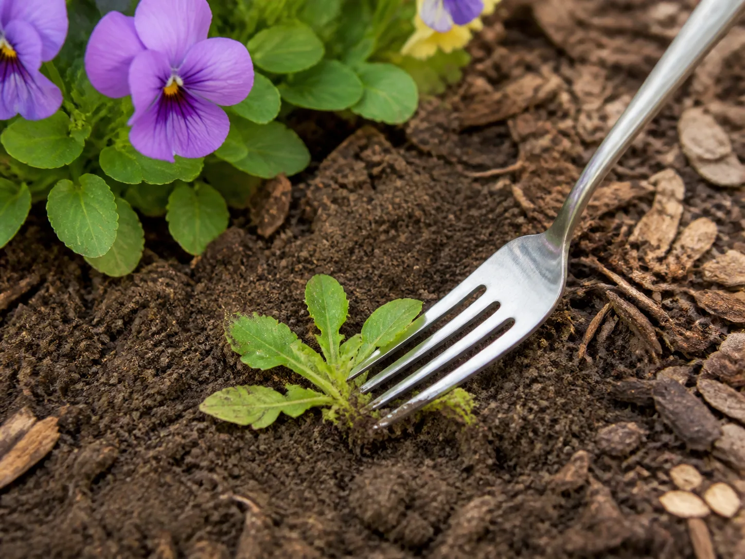 A hand fork loosening soil around a small garden weed
