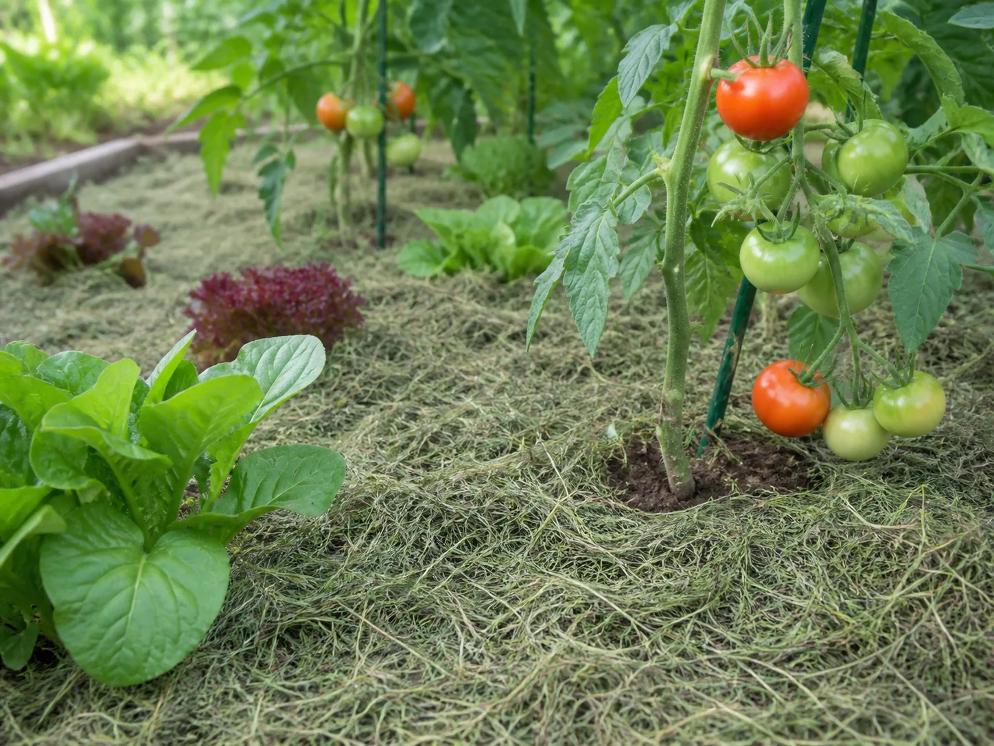Straw mulch spread evenly over an empty vegetable garden bed after fall cleanup