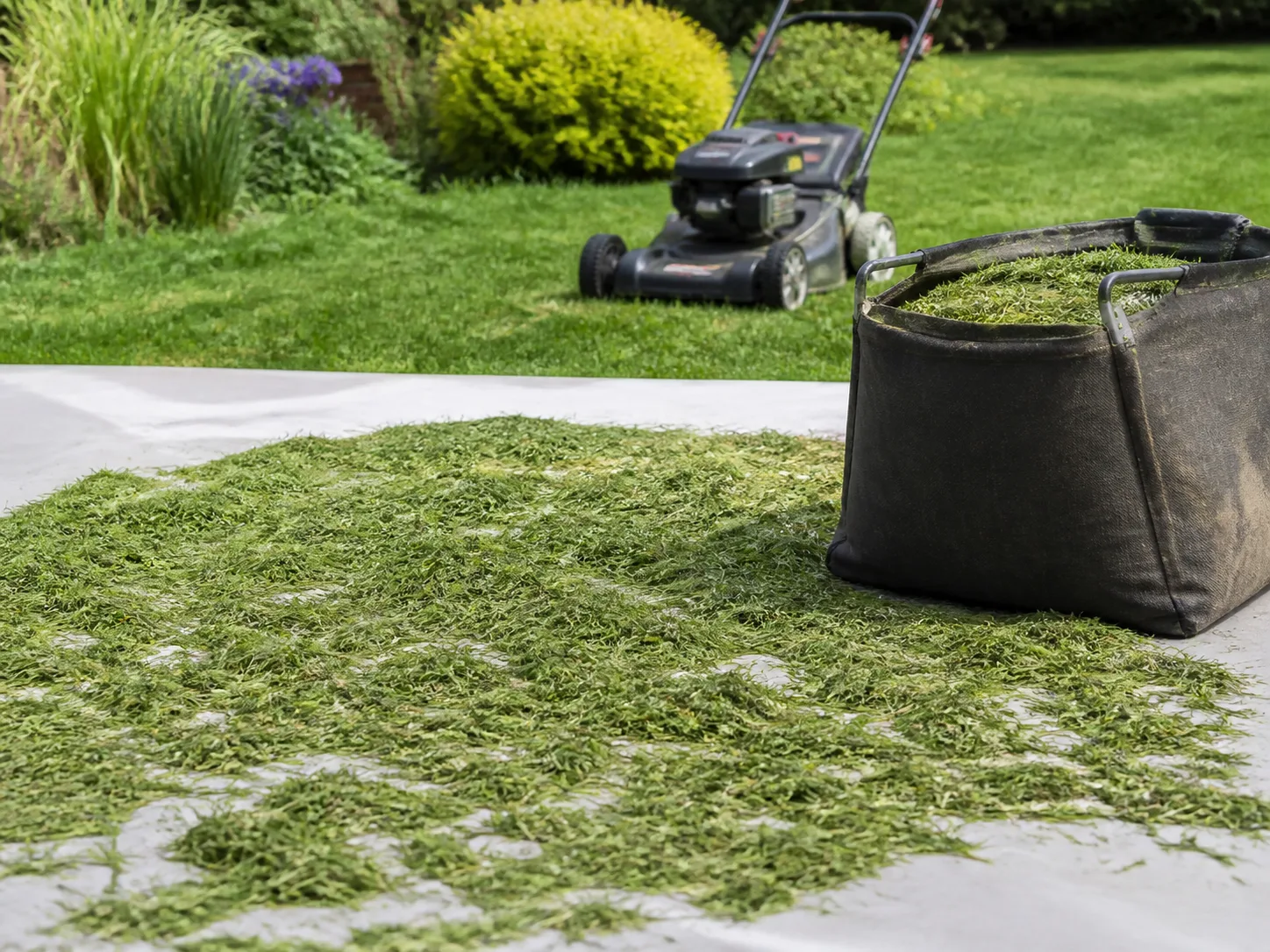 Dry grass clippings prepared for a thin garden mulch layer