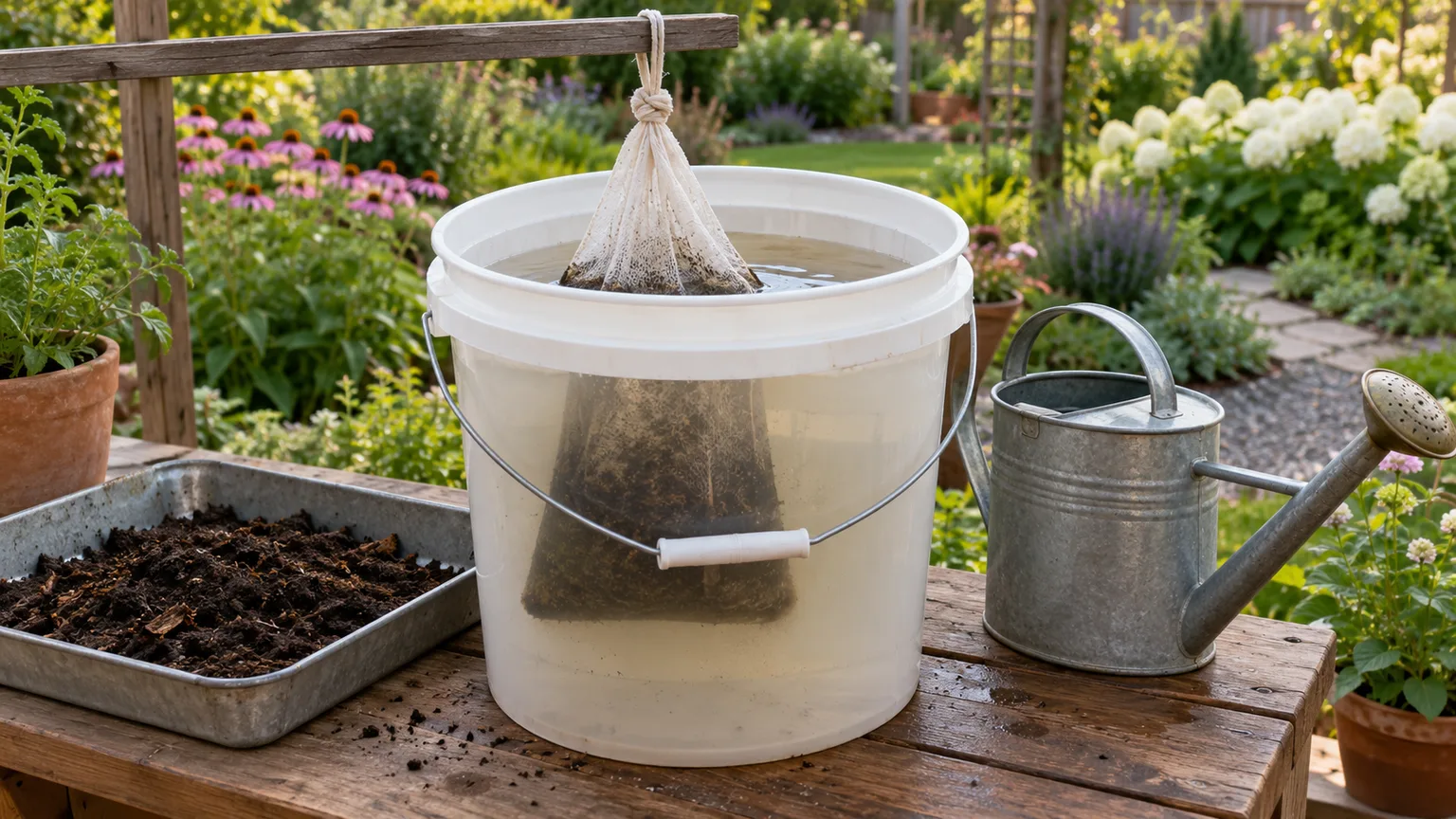 A mesh bag of finished manure compost steeps in a bucket beside an ornamental garden.