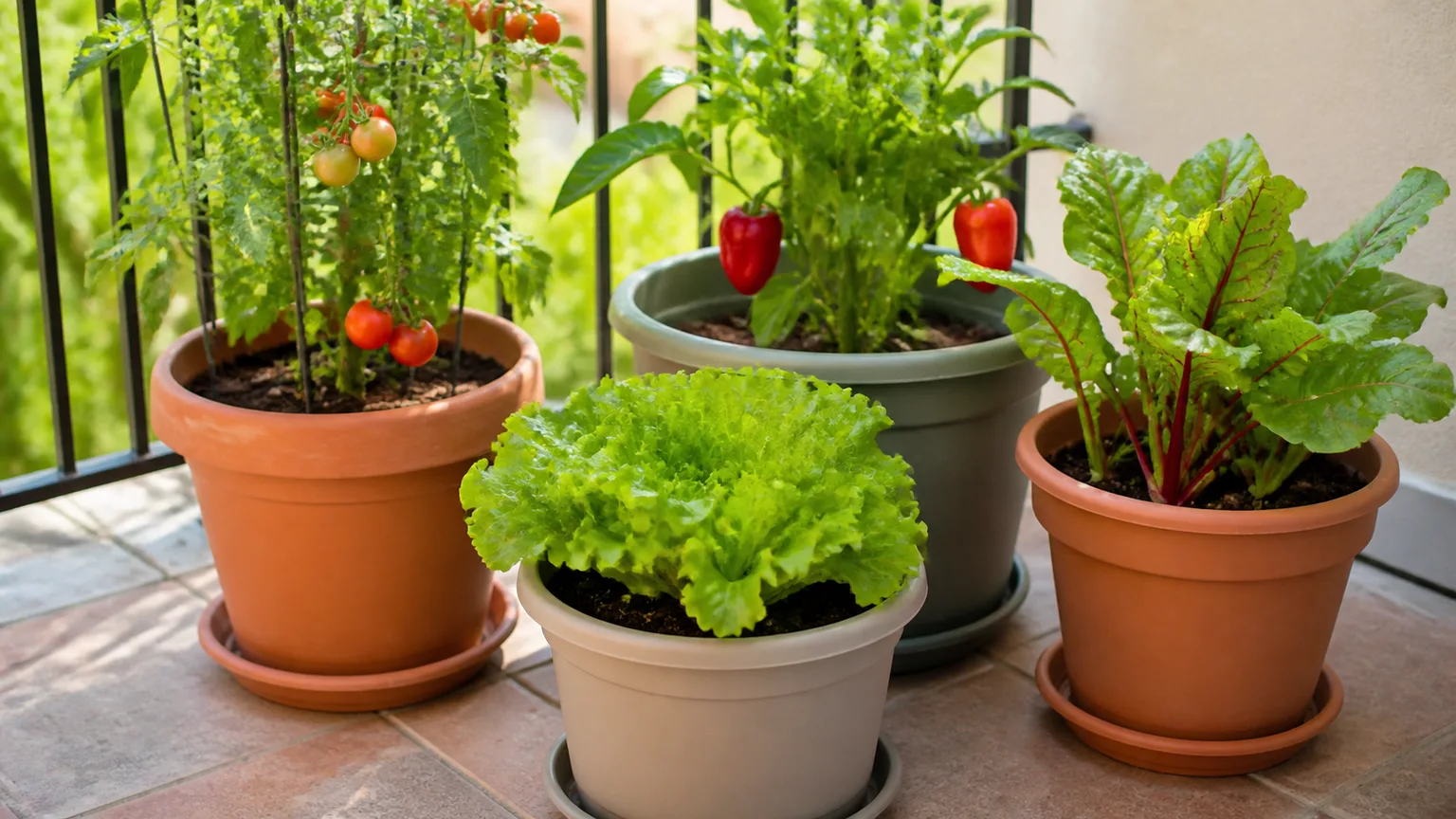 Vegetables growing in containers on a sunny patio