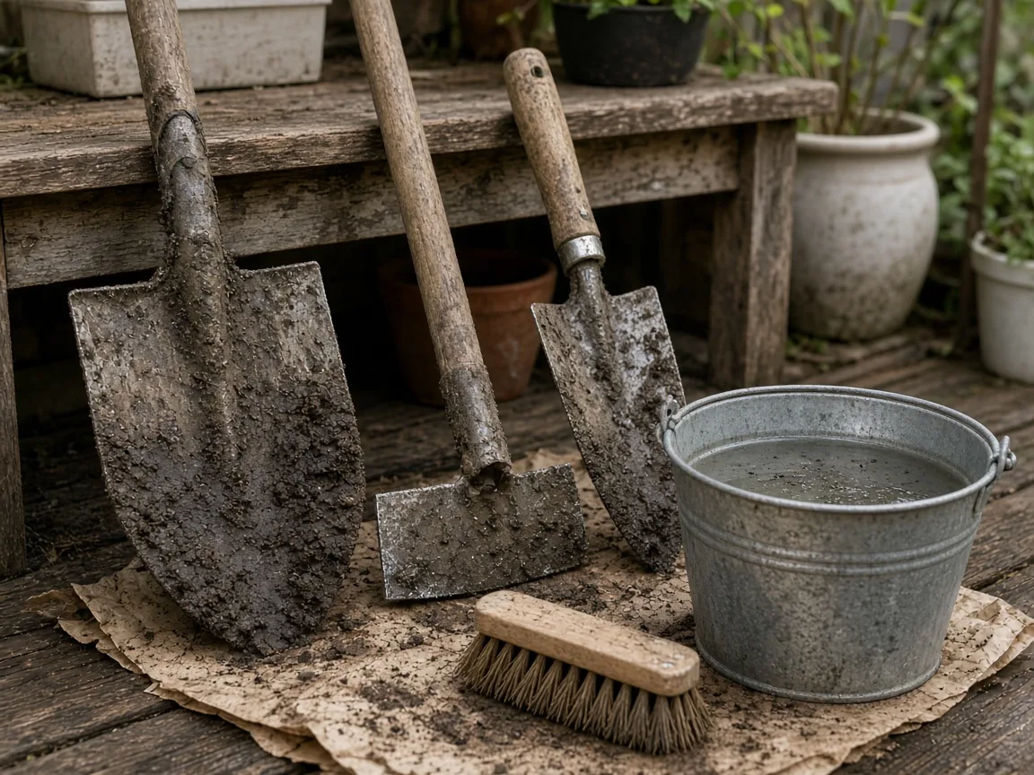 Rusty shovels and trowels beside a bucket, ready for a vinegar-assisted cleaning session