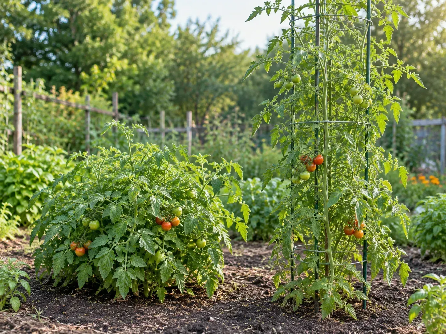 A compact branching tomato plant beside a taller, extending tomato vine shows the difference in growth habit.