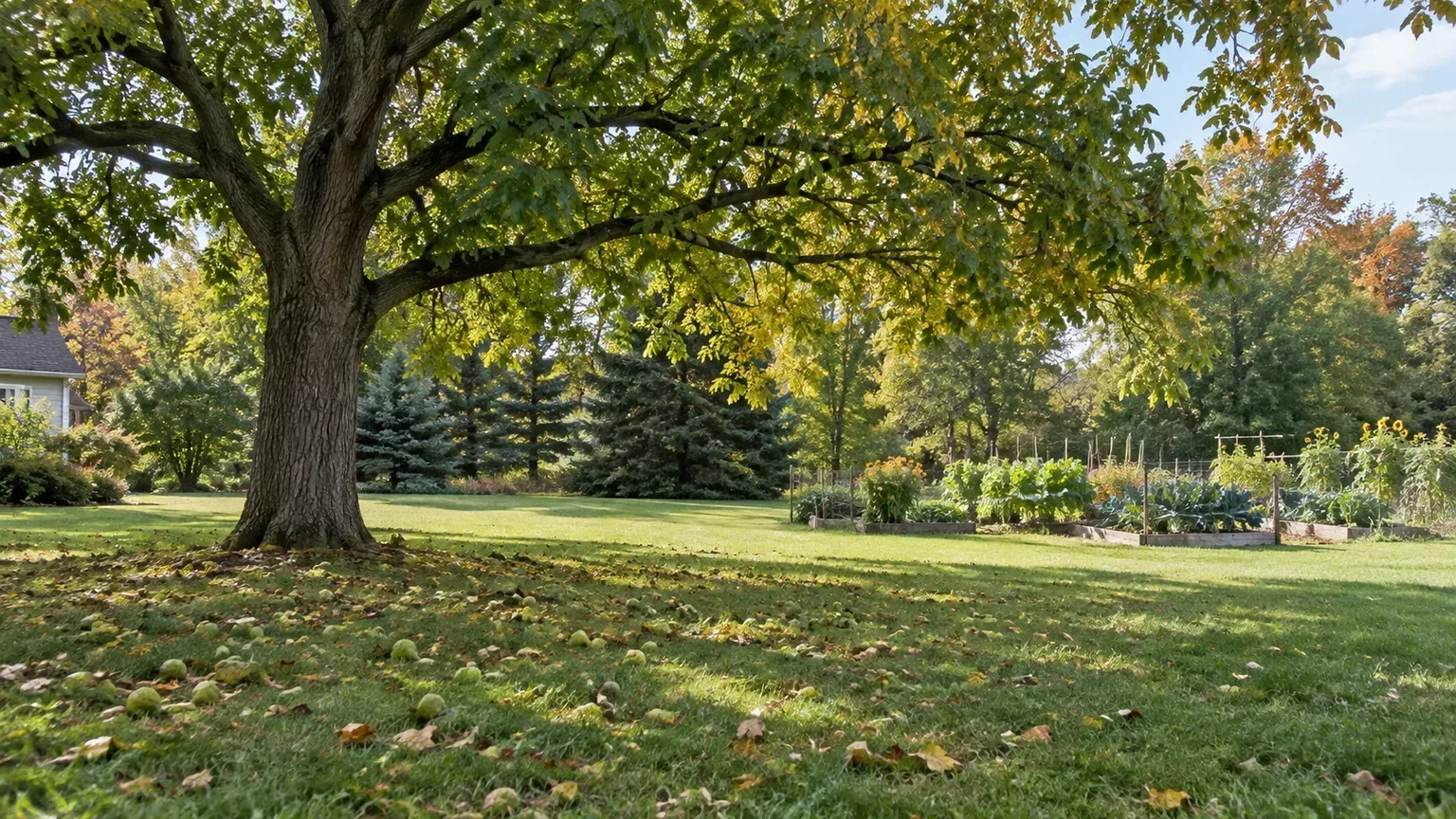 Mature walnut canopy with open lawn and a separate vegetable garden
