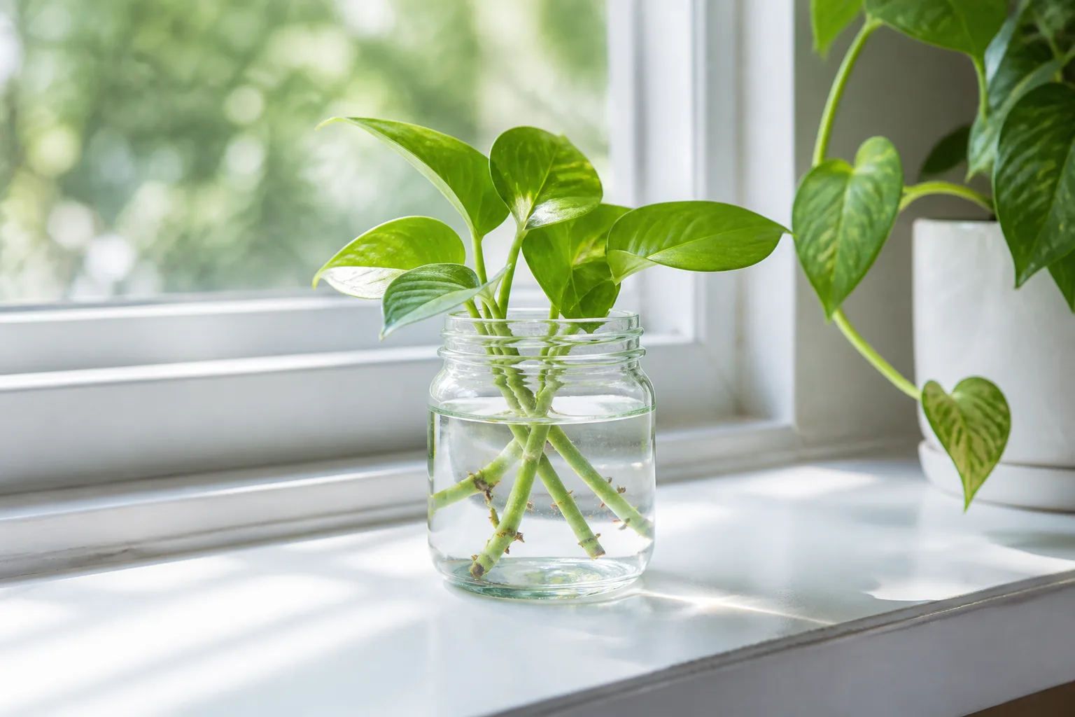 Polka dot plant stem cuttings rooting in a clear jar of water on a bright indoor shelf