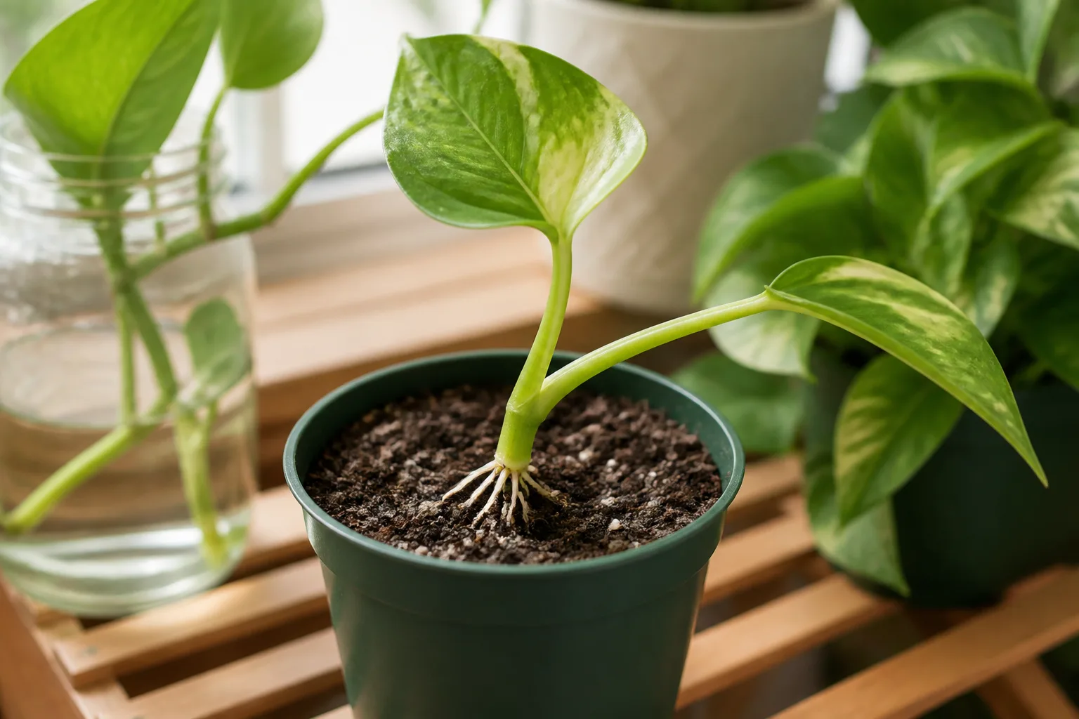 A rooted cutting transitioning from water to potting mix